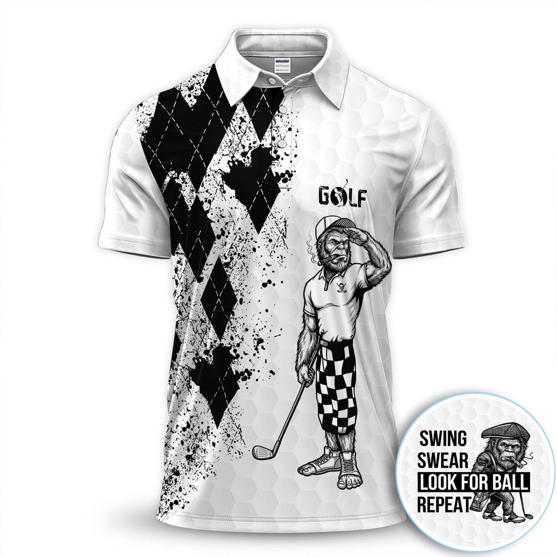 Funny Bigfoot Golfer Polo Shirt, Swing Swear Repeat Graphic Polo For Men, Unique Sasquatch Golf Outfit