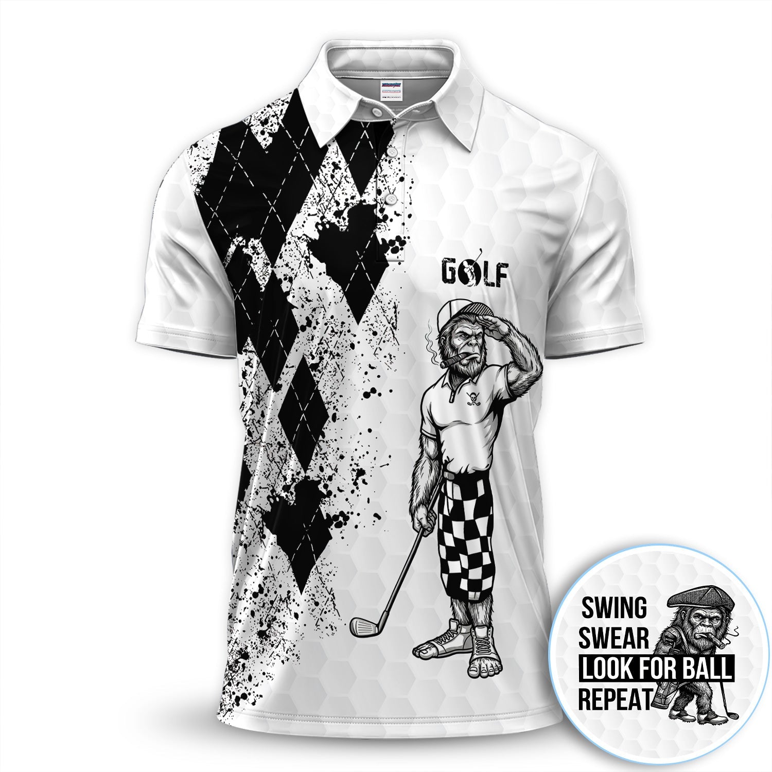 Funny Bigfoot Golfer Polo Shirt, Swing Swear Repeat Graphic Polo For Men, Unique Sasquatch Golf Outfit
