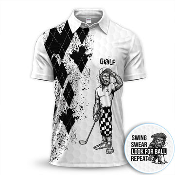 Funny Bigfoot Golfer Polo Shirt, Swing Swear Repeat Graphic Polo For Men, Unique Sasquatch Golf Outfit