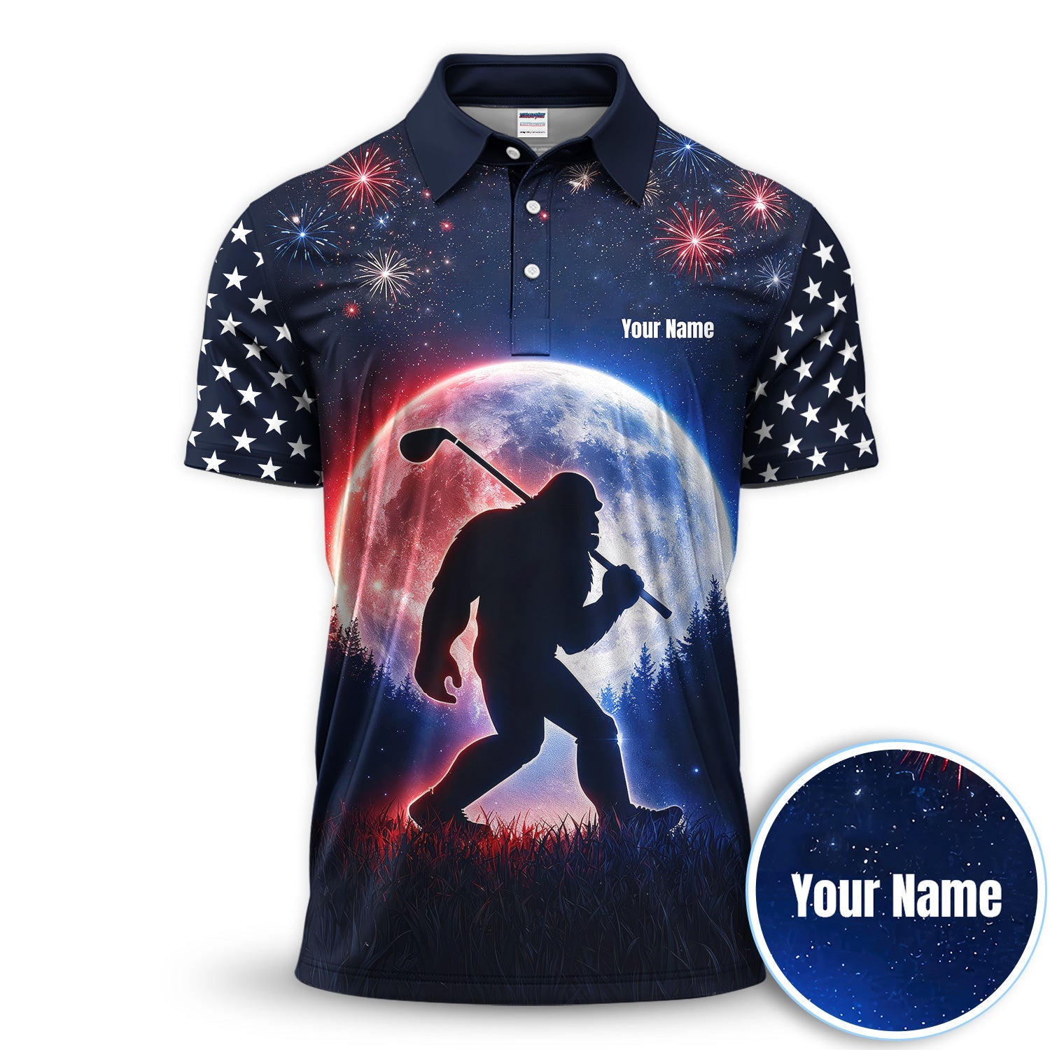 Bigfoot Golfer Patriotic Polo Shirt For Men, Custom Name USA Fireworks Moon Silhouette Sasquatch Golf Shirt