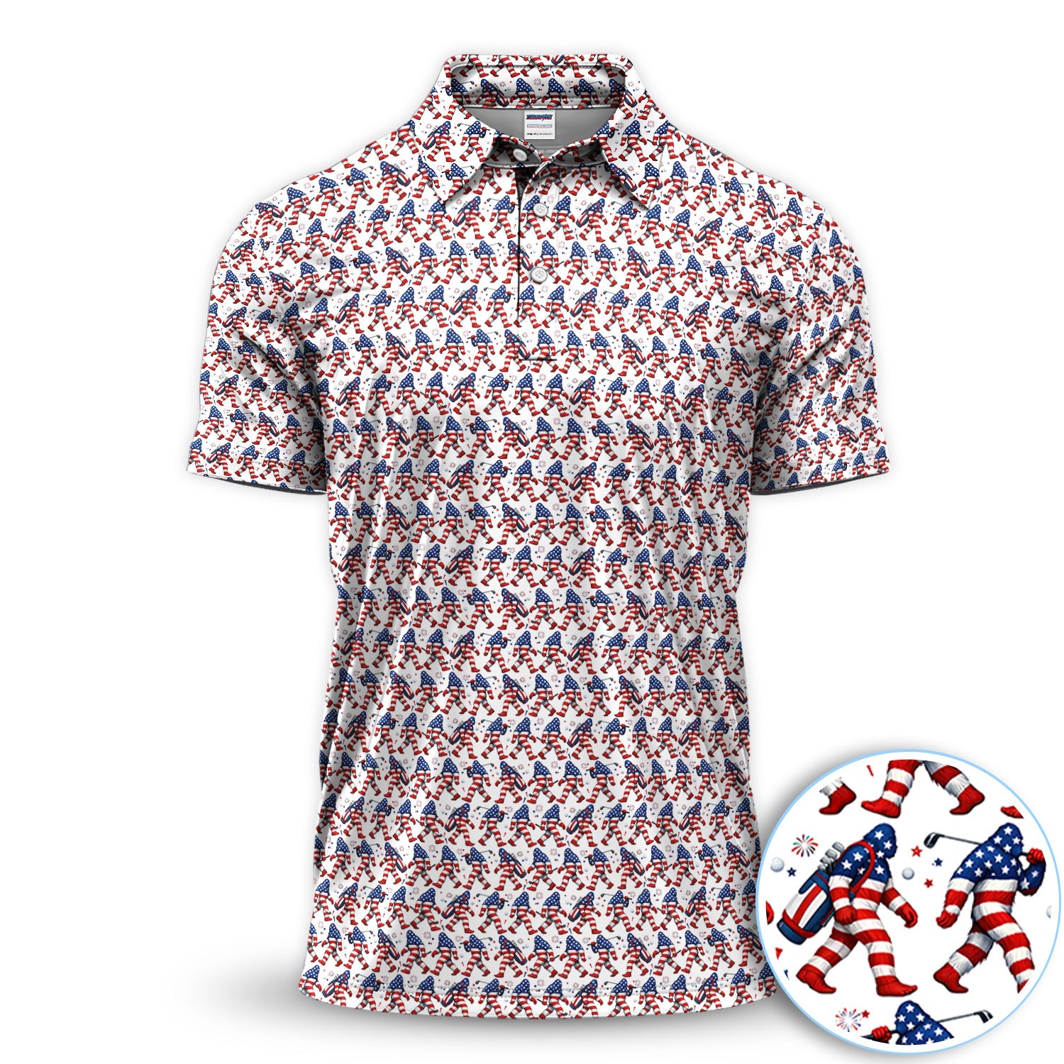 Patriotic Bigfoot Golf Pattern Shirt, American Flag Sasquatch Golf Shirt For Men, 4th Of July Gift
