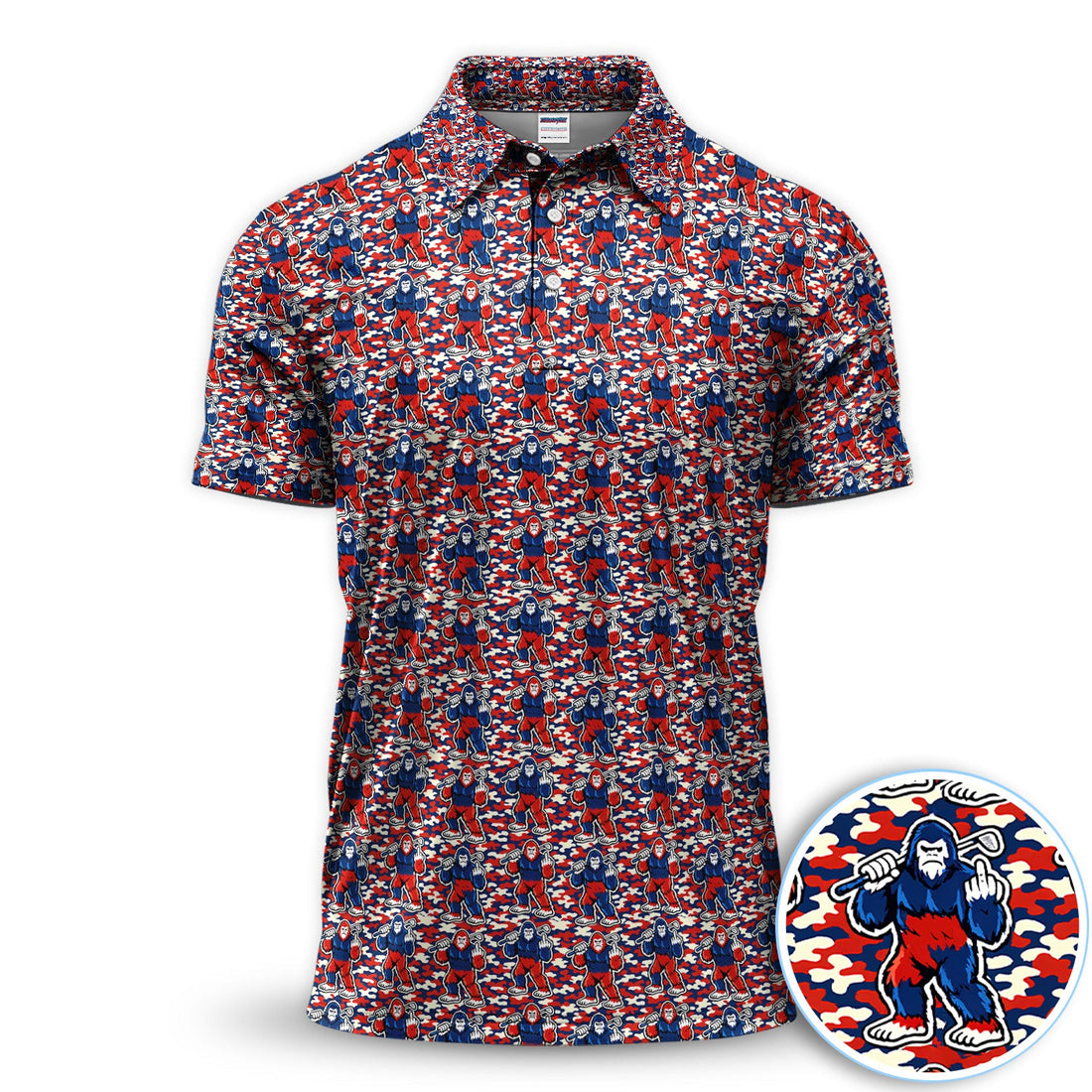 Patriotic Bigfoot Golf Polo Shirt, Red White Blue Camo Sasquatch Pattern Shirt, Funny Golfer Gift For Men