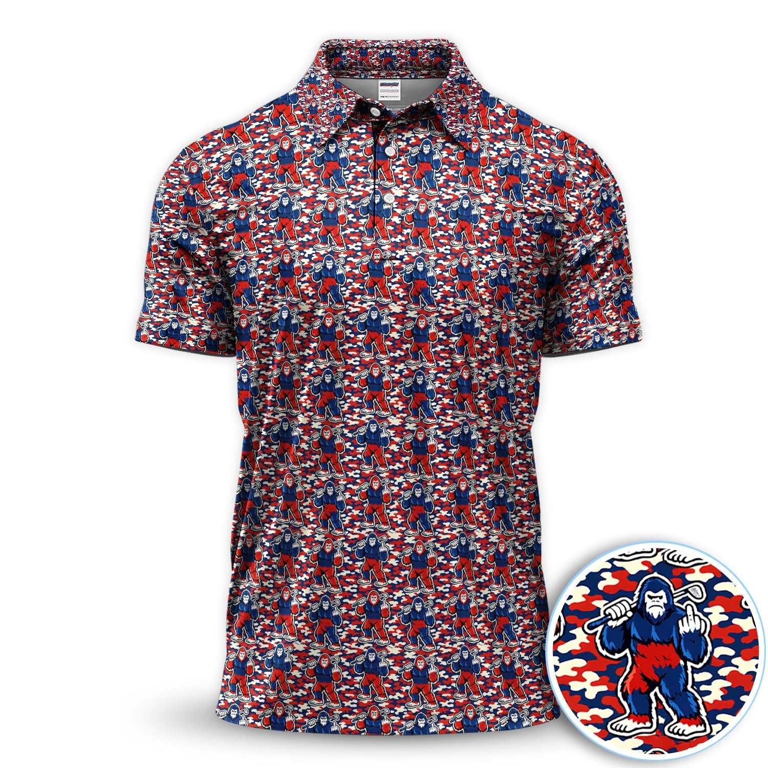 Patriotic Bigfoot Golf Polo Shirt, Red White Blue Camo Sasquatch Pattern Shirt, Funny Golfer Gift For Men