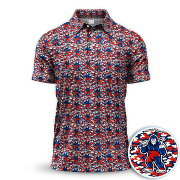 Patriotic Bigfoot Golf Polo Shirt, Red White Blue Camo Sasquatch Pattern Shirt, Funny Golfer Gift For Men