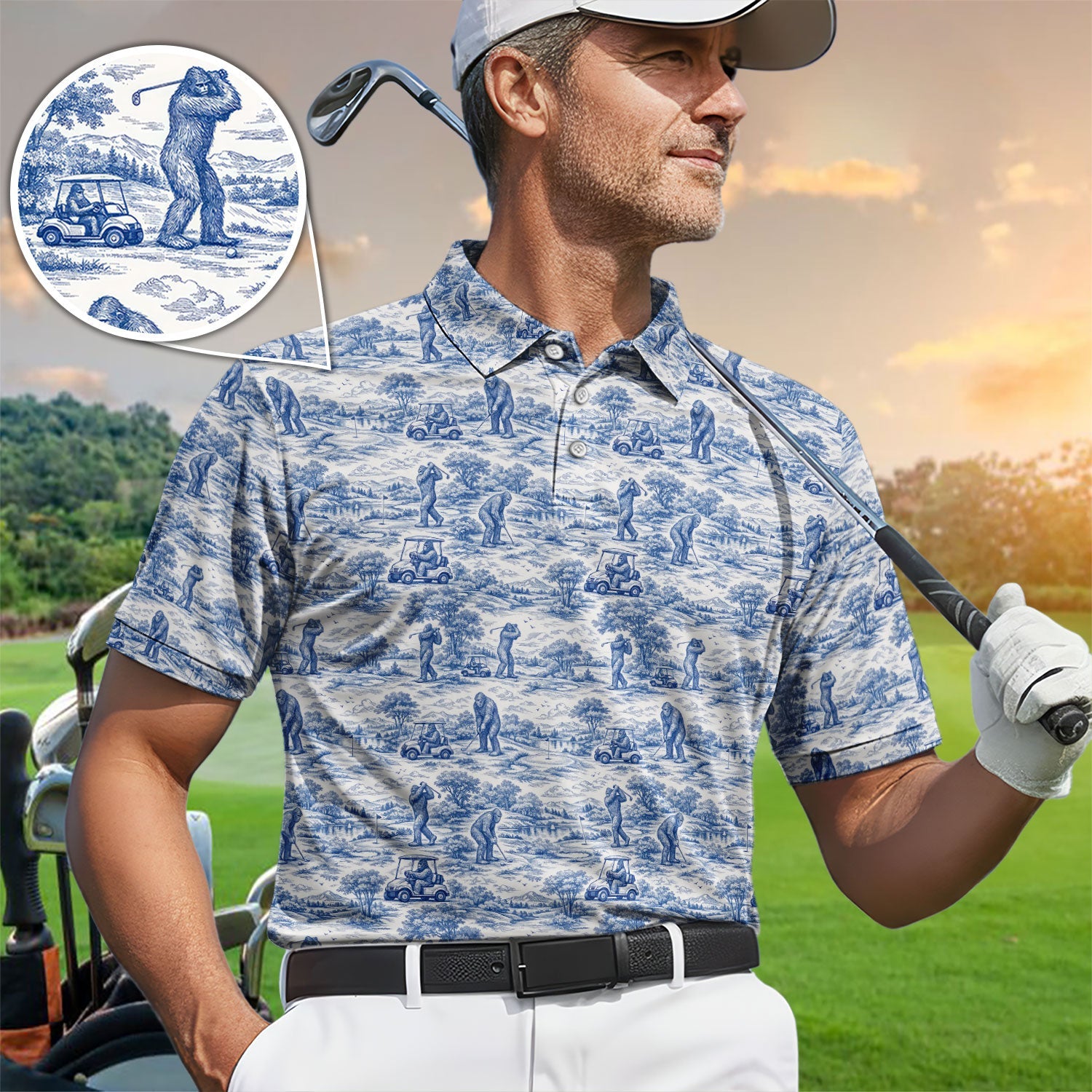 Crazy Bigfoot Pattern Golf Polos, Funny Sasquatch Golf Shirt For Men, Golf Gift For Golfer