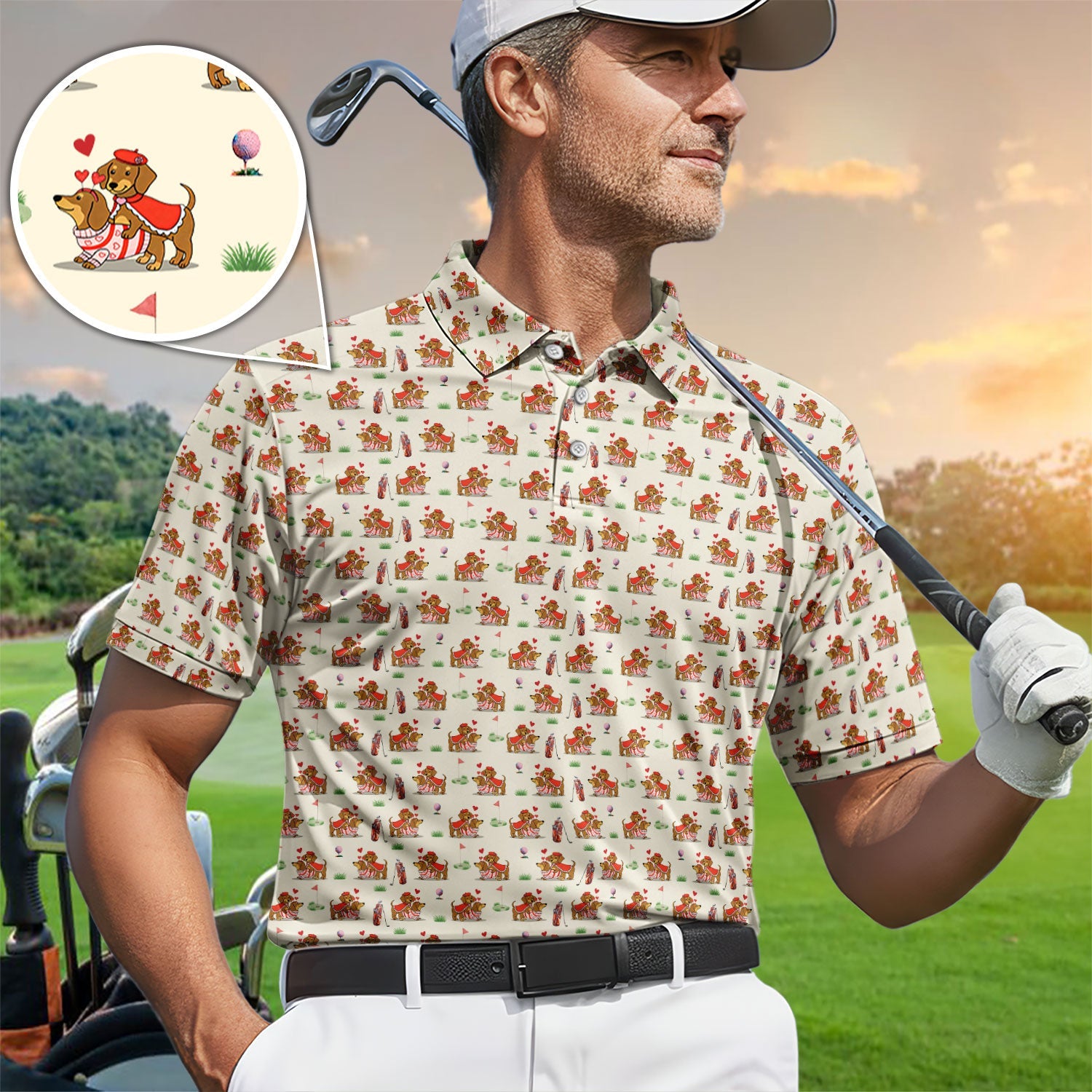 Valentine Dachshund Pattern Golf Shirt, Wiener Dog Love Golf Shirt, Golf Gift For Men