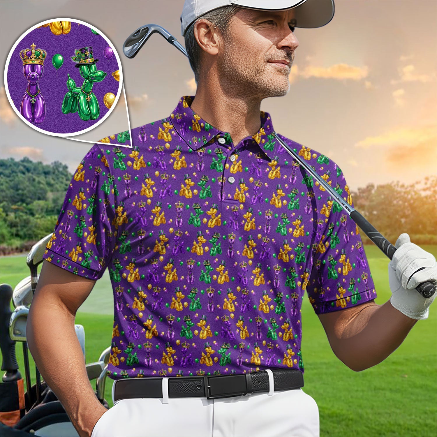 Mardi Gras Bead Dogs Golf Polos For Golfer, Festival Pattern Golf Shirt, Golf Gift For Men
