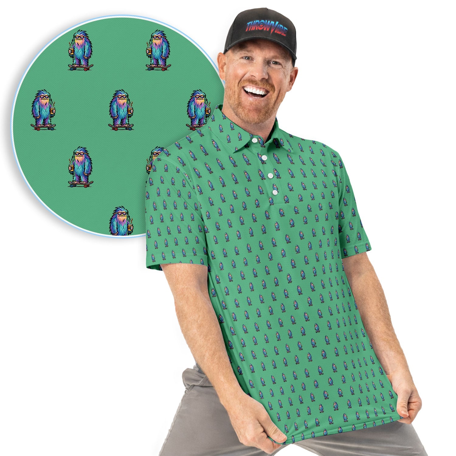 Funny Yeti Pattern Golf Polos, Bigfoot Coffee Skateboard Golf Shirt, Crazy Golf Shirts For Men