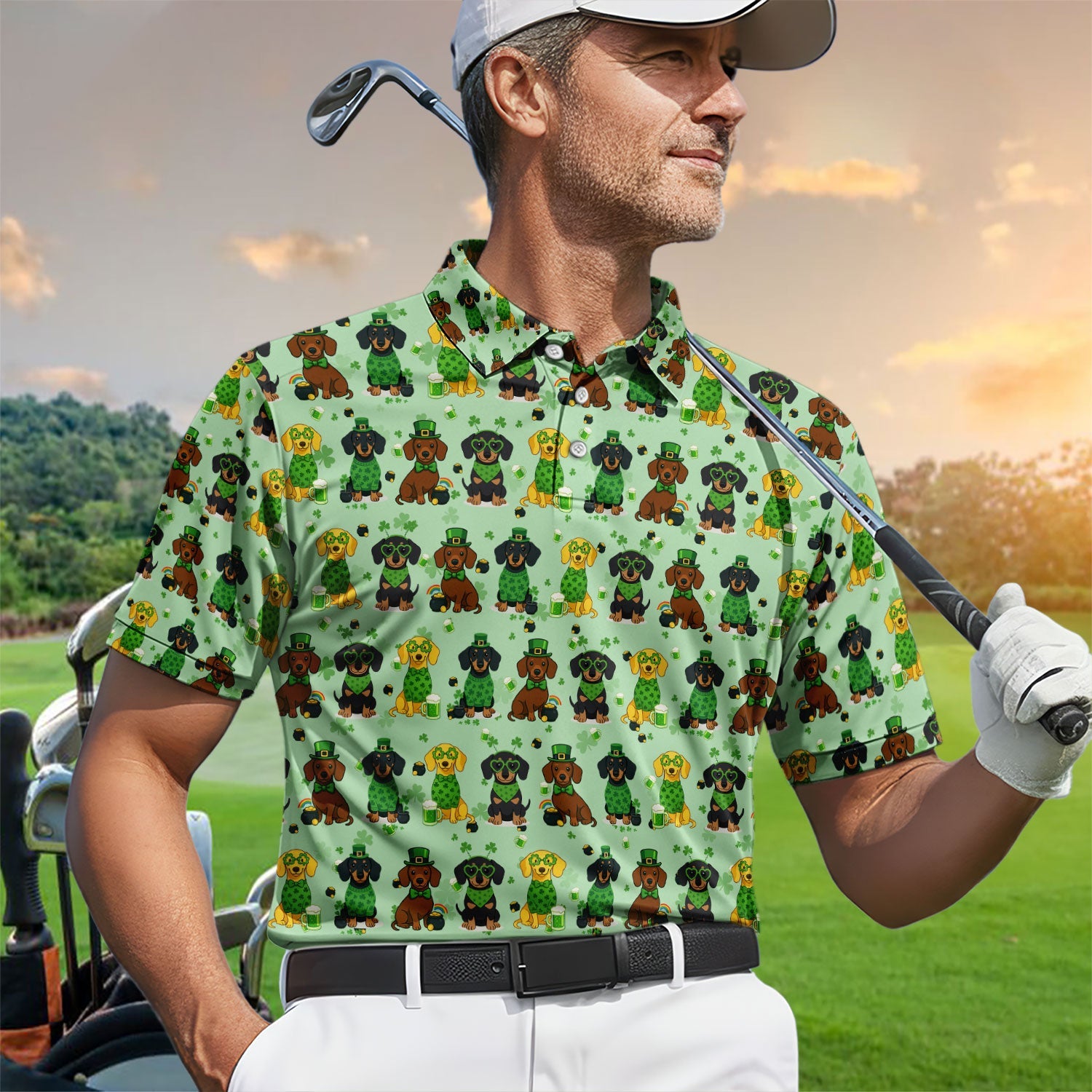 St. Patrick’s Day Dachshund Dog Pattern Golf Shirt, Funny Shamrock Dog Golf Polos For Men, Golf Gift For Golfer