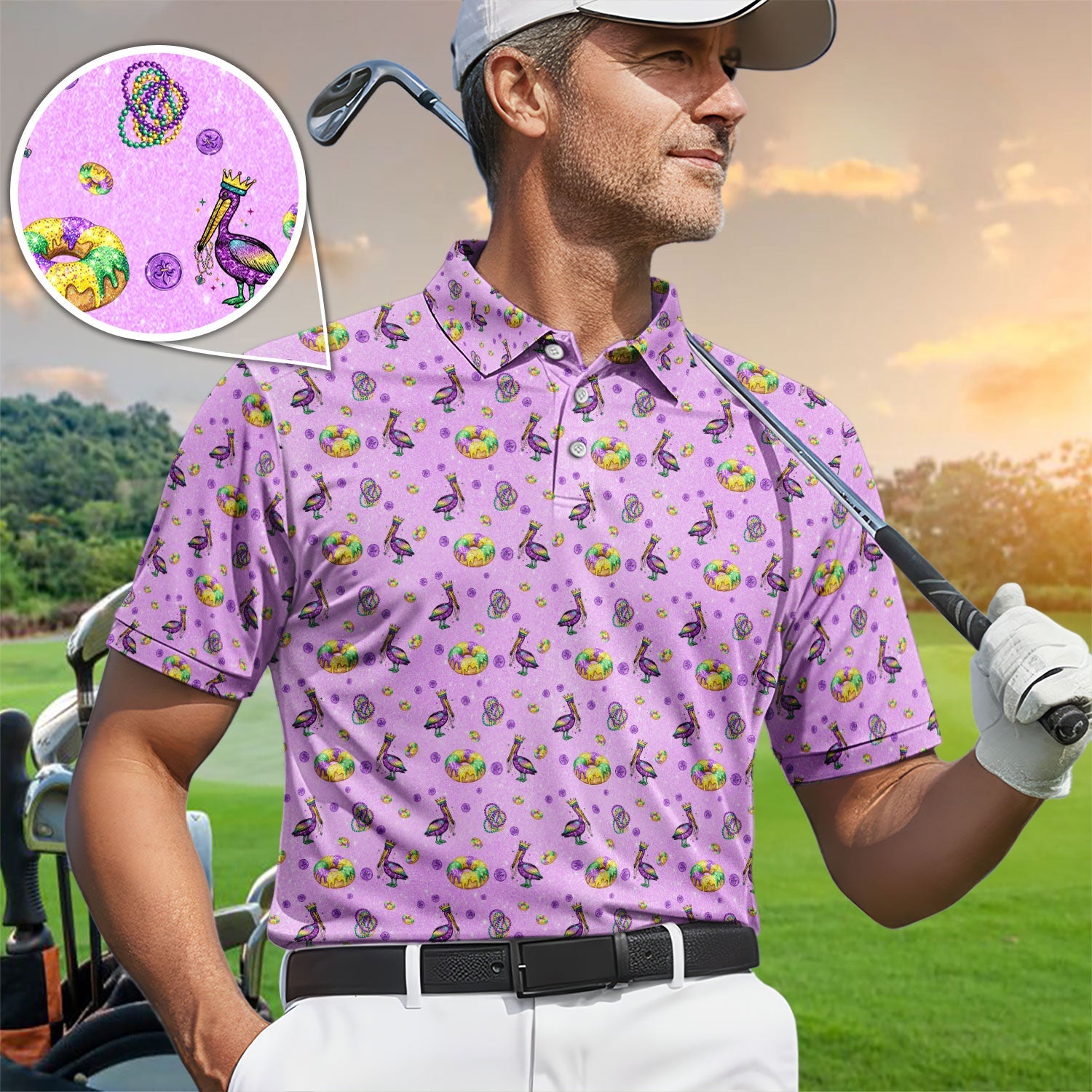Funny Mardi Gras Pattern Golf Polos, Carnival Golf Shirt For Men, Golf Gift For Golfer