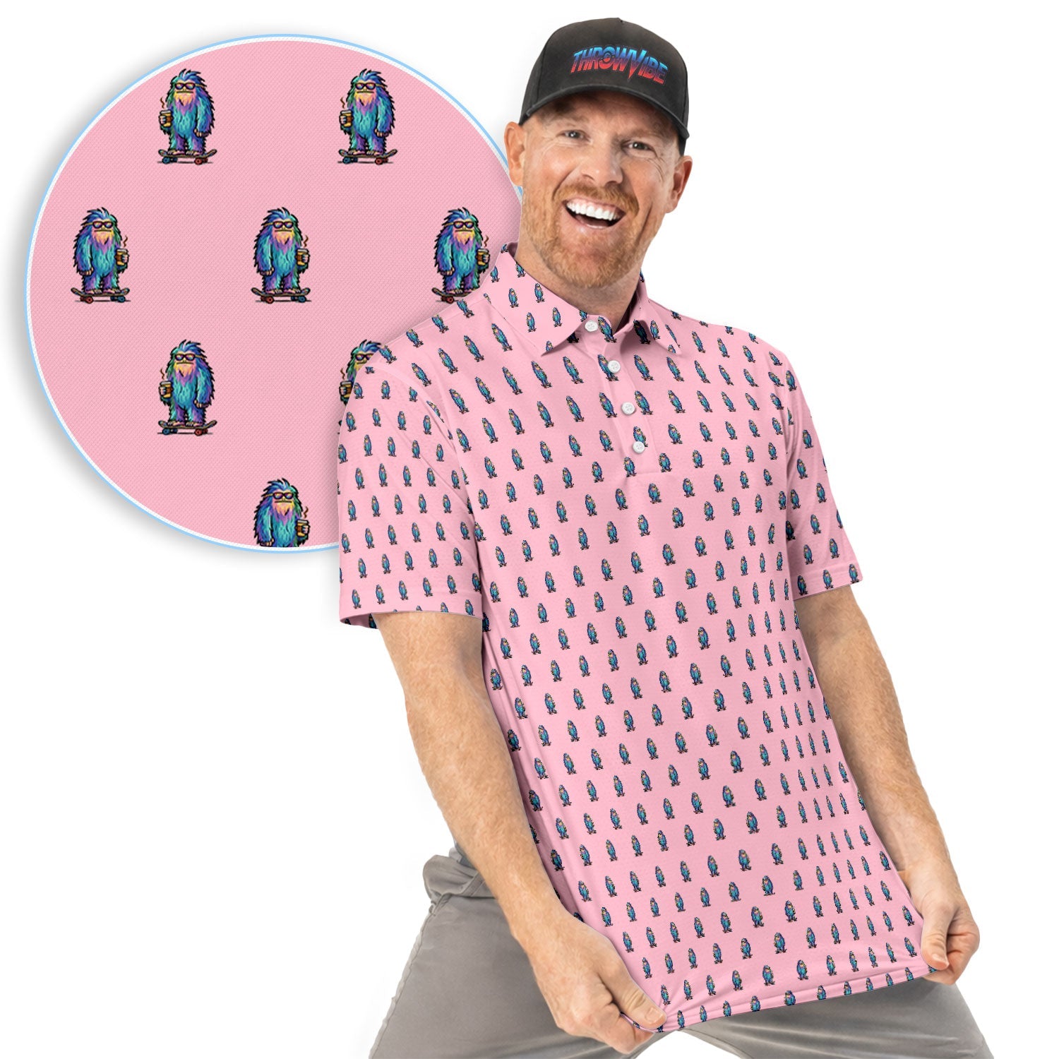 Funny Yeti Pattern Golf Polos, Bigfoot Coffee Skateboard Golf Shirt, Crazy Golf Shirts For Men
