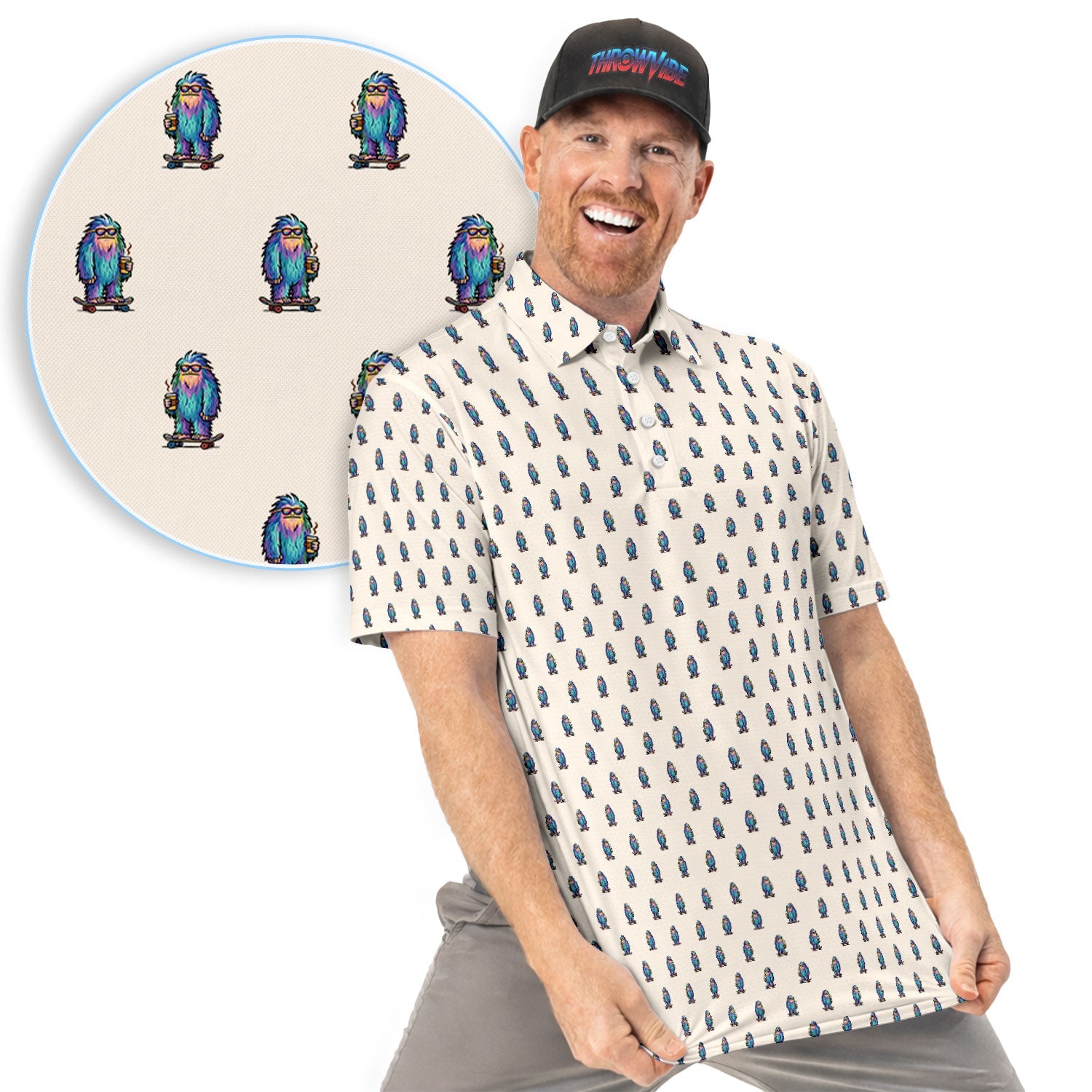 Funny Yeti Pattern Golf Polos, Bigfoot Coffee Skateboard Golf Shirt, Crazy Golf Shirts For Men