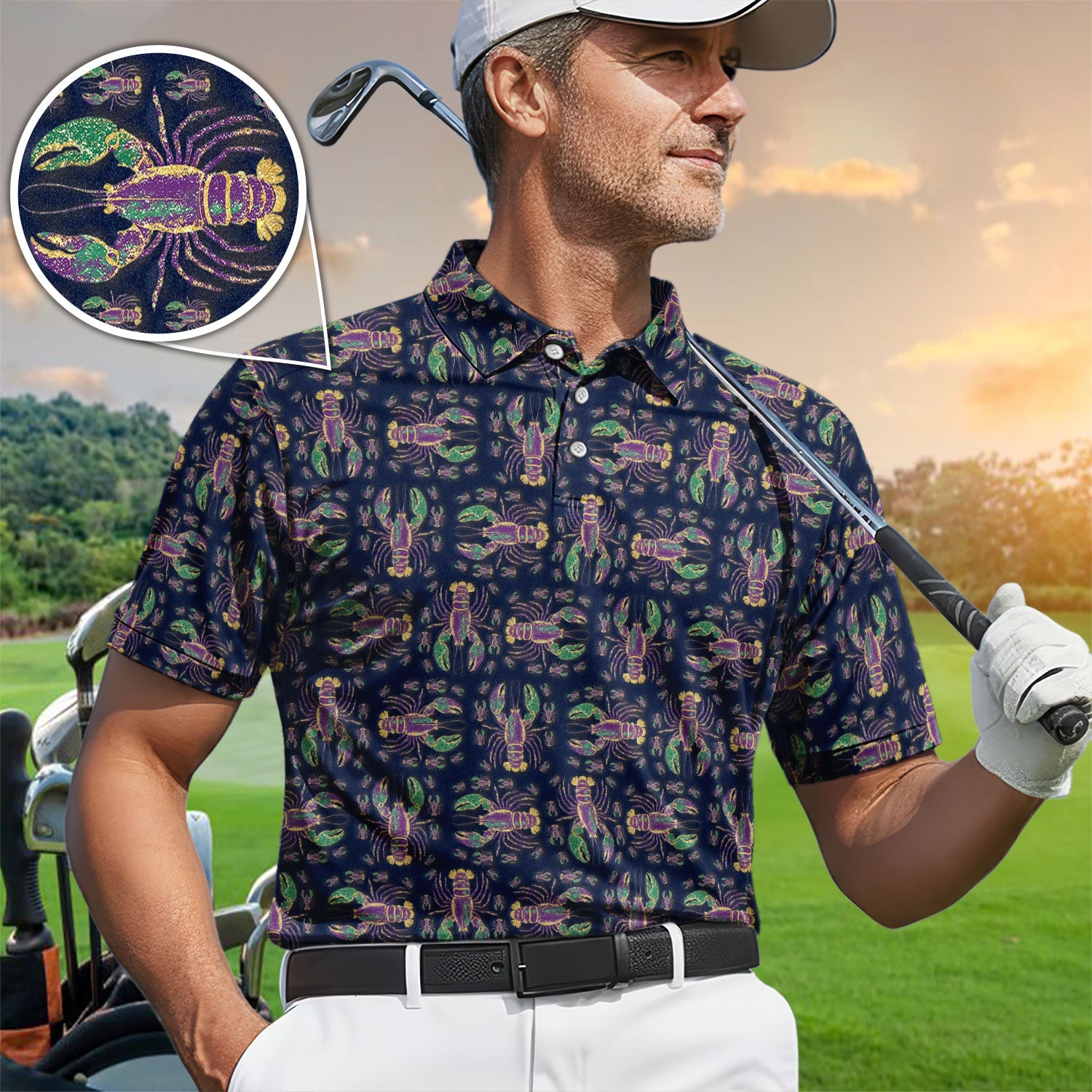 Louisiana Crawfish Pattern Golf Shirt, Mardi Gras Golf Polos For Golfer