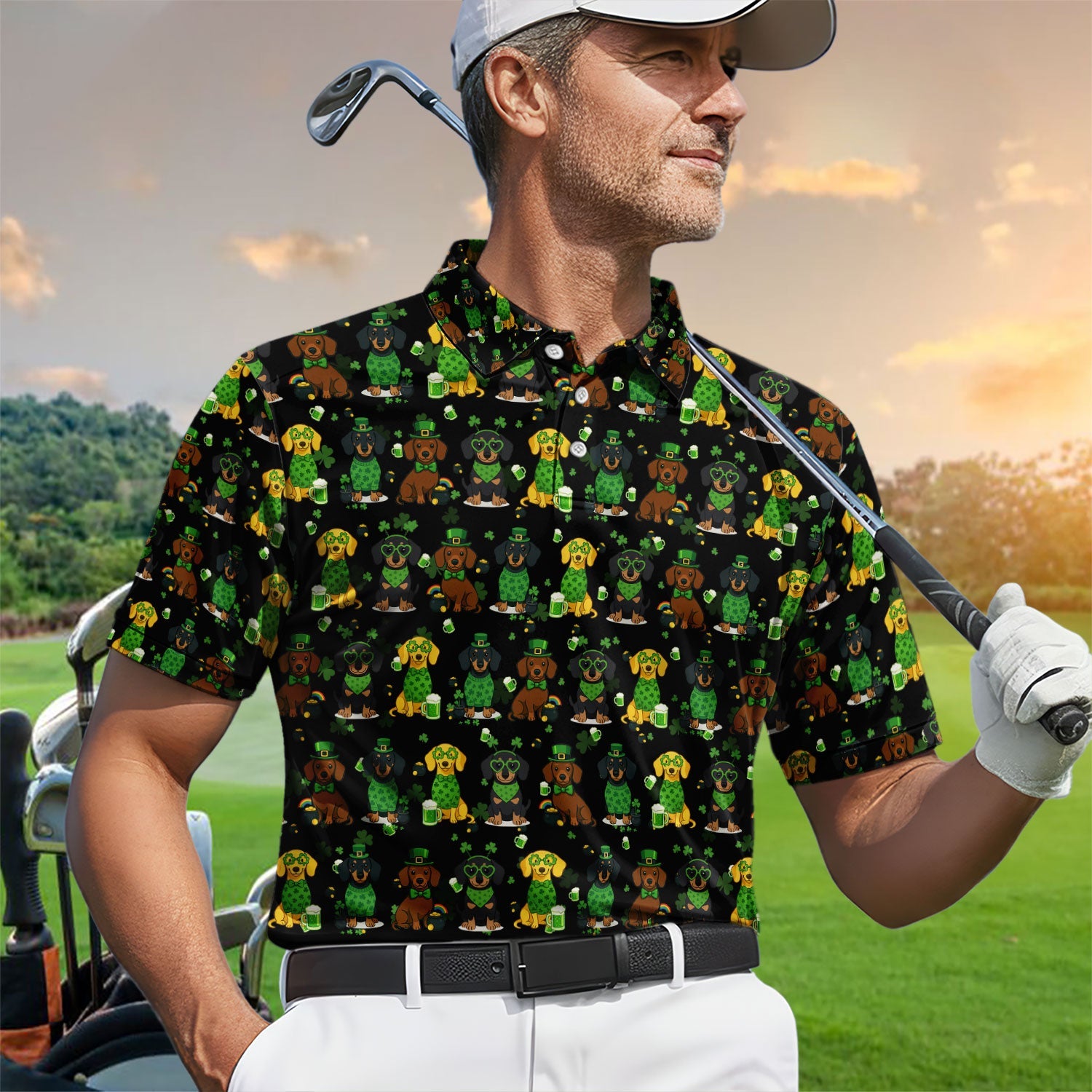 St. Patrick’s Day Dachshund Dog Pattern Golf Shirt, Funny Shamrock Dog Golf Polos For Men, Golf Gift For Golfer