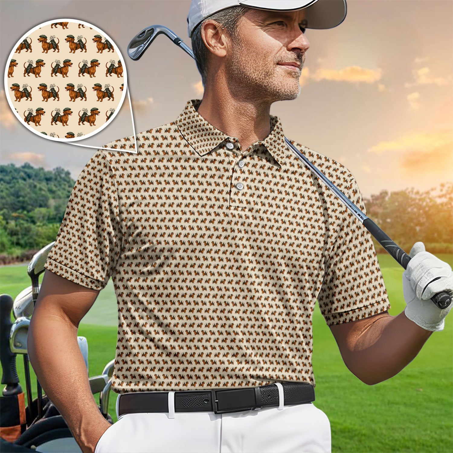 Dachshund Pattern Golf Polos, Crazy Dachshund Golf Shirt For Men, Funny Golf Shirt