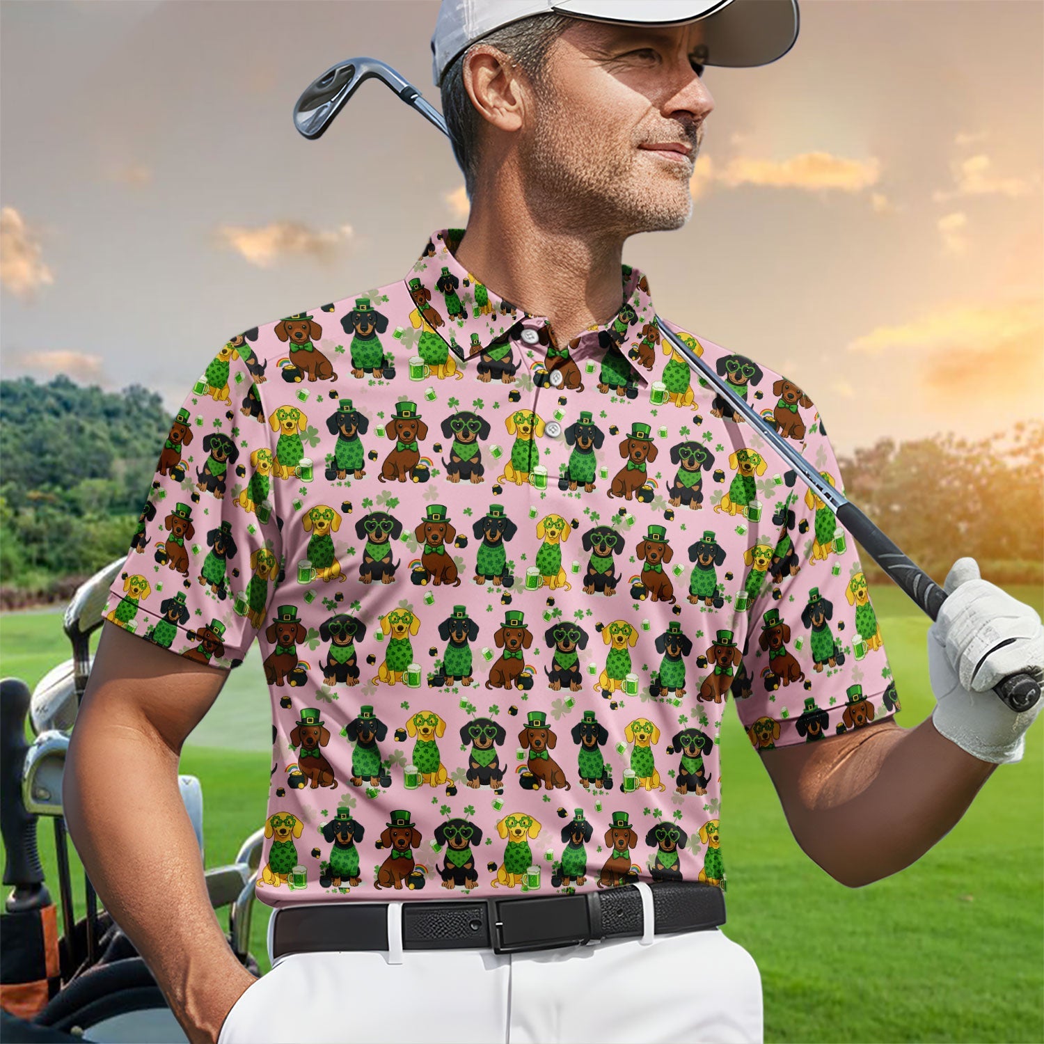 St. Patrick’s Day Dachshund Dog Pattern Golf Shirt, Funny Shamrock Dog Golf Polos For Men, Golf Gift For Golfer