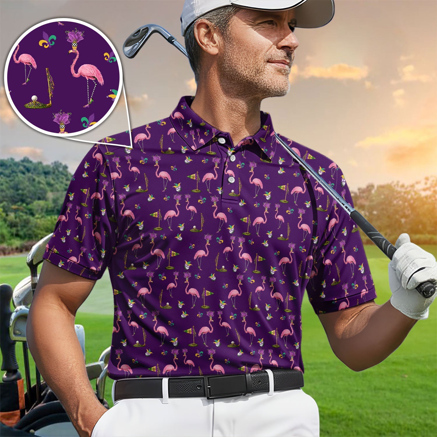 Flamingo Mardi Gras Golf Polos For Golfer, Funny Holiday Pattern Golf Shirt, Golf Gift For Men