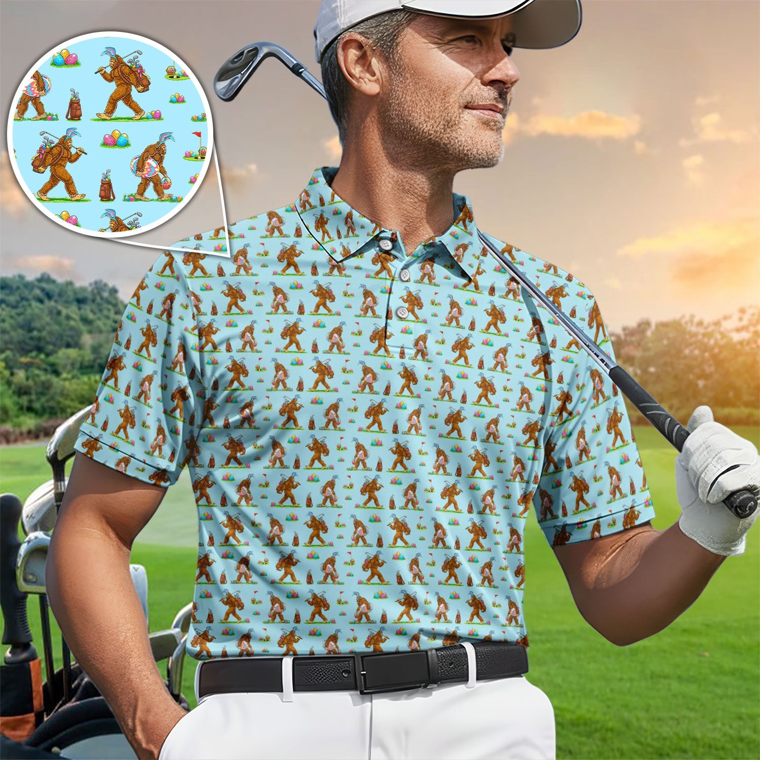 Bigfoot Easter Pattern Golf Polos, Bunny Sasquatch Golf Shirt For Men, Easter Day Shirt For Golfer