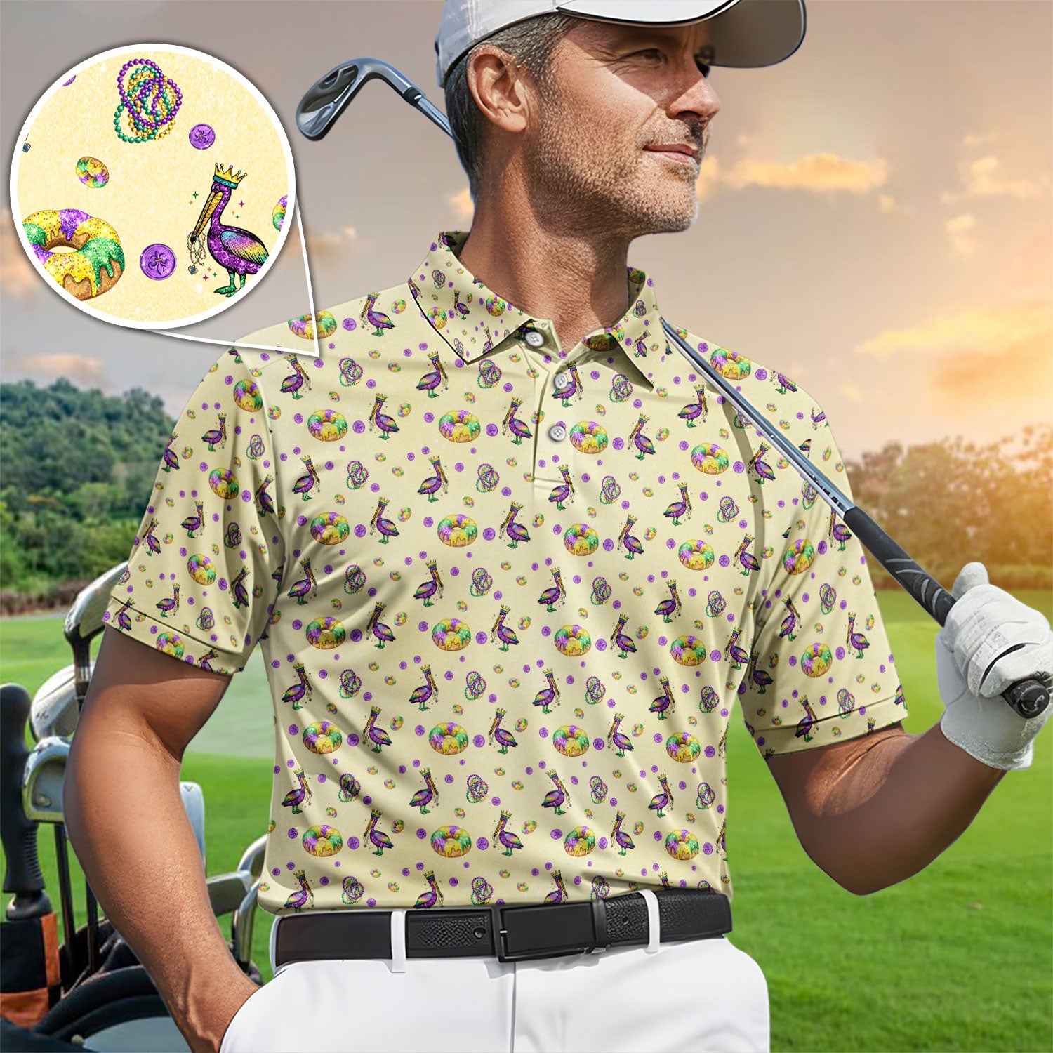 Funny Mardi Gras Pattern Golf Polos, Carnival Golf Shirt For Men, Golf Gift For Golfer