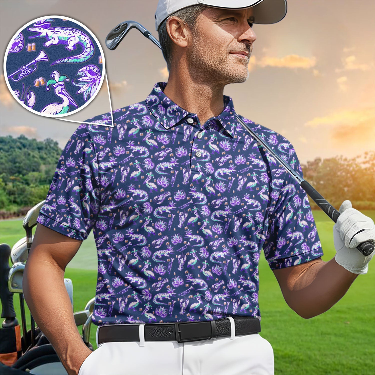 Carnival Golf Polos For Golfer, Mardi Gras Pattern Golf Shirt, Golf Gift For Men