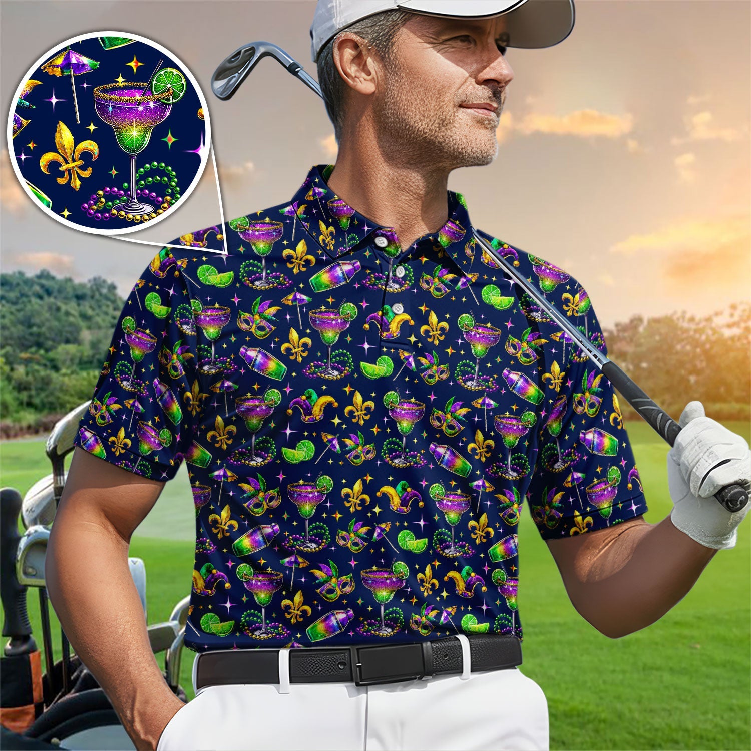 Funny Glitter Mardi Gras Pattern Golf Polos, Mardi Gras And Margaritas Golf Shirt For Men, Golf Gift For Golfer