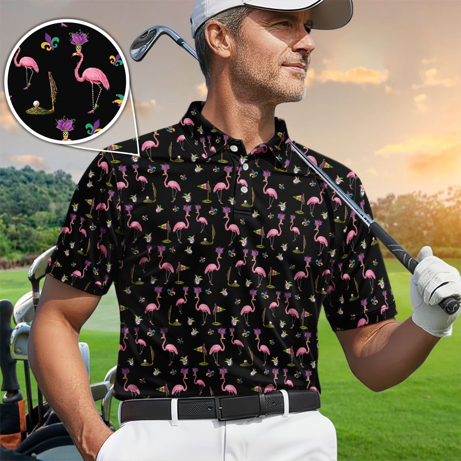 Flamingo Mardi Gras Golf Polos For Golfer, Funny Holiday Pattern Golf Shirt, Golf Gift For Men