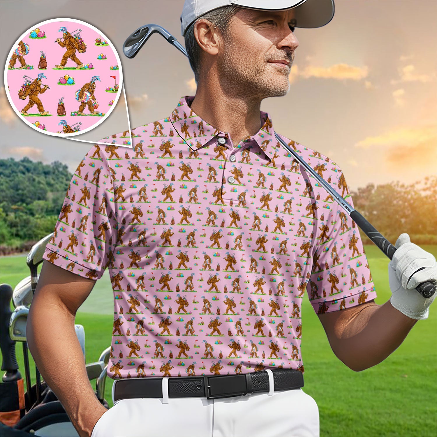 Bigfoot Easter Pattern Golf Polos, Bunny Sasquatch Golf Shirt For Men, Easter Day Shirt For Golfer