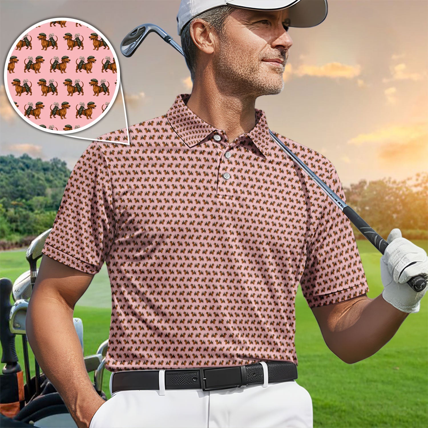 Dachshund Pattern Golf Polos, Crazy Dachshund Golf Shirt For Men, Funny Golf Shirt