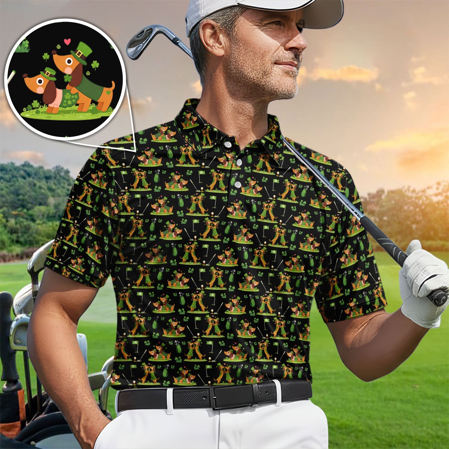 Cute Dachshund St Patrick Pattern Golf Shirt, Wiener Dog Golf Shirt, Golf Gift For Men
