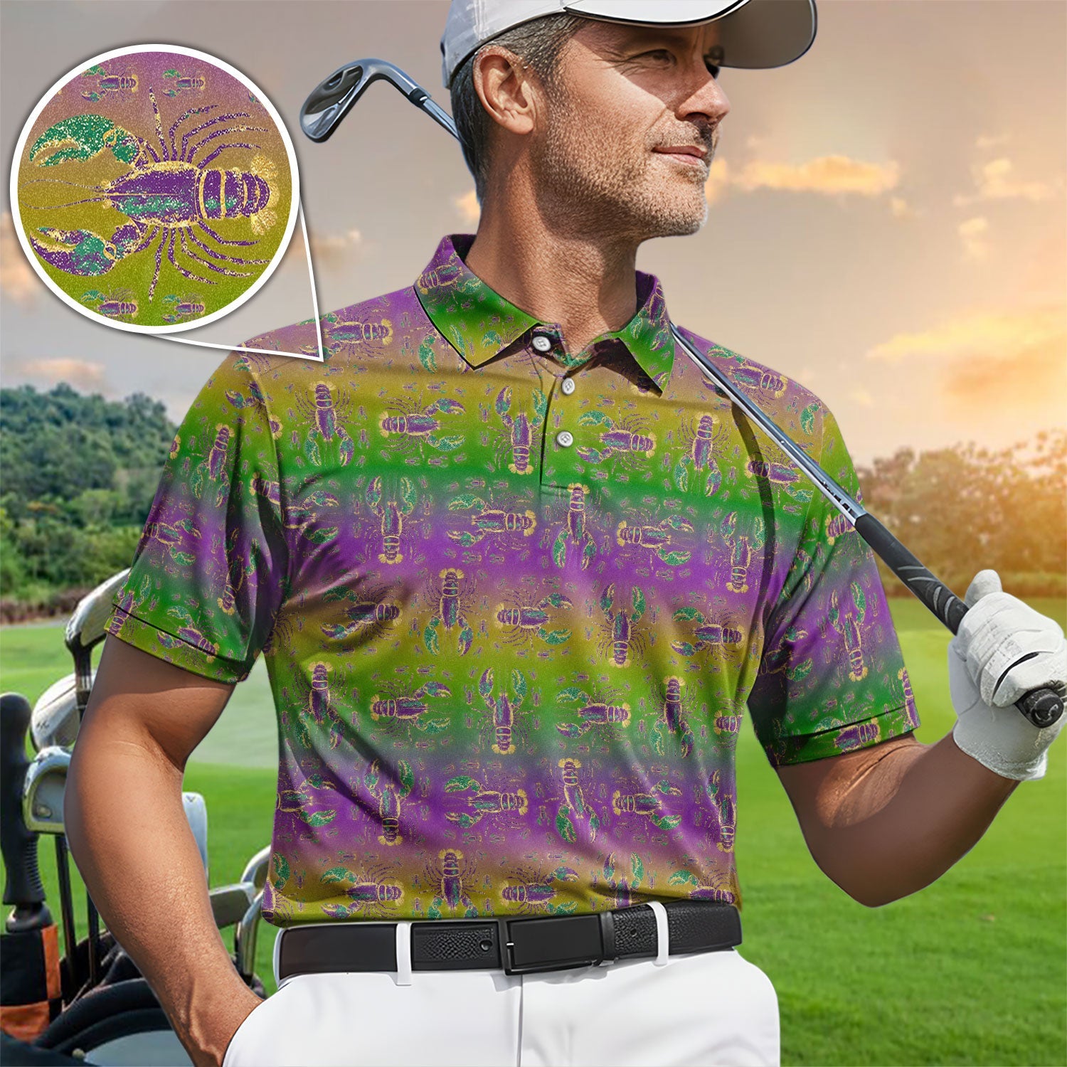 Louisiana Crawfish Pattern Golf Shirt, Mardi Gras Golf Polos For Golfer