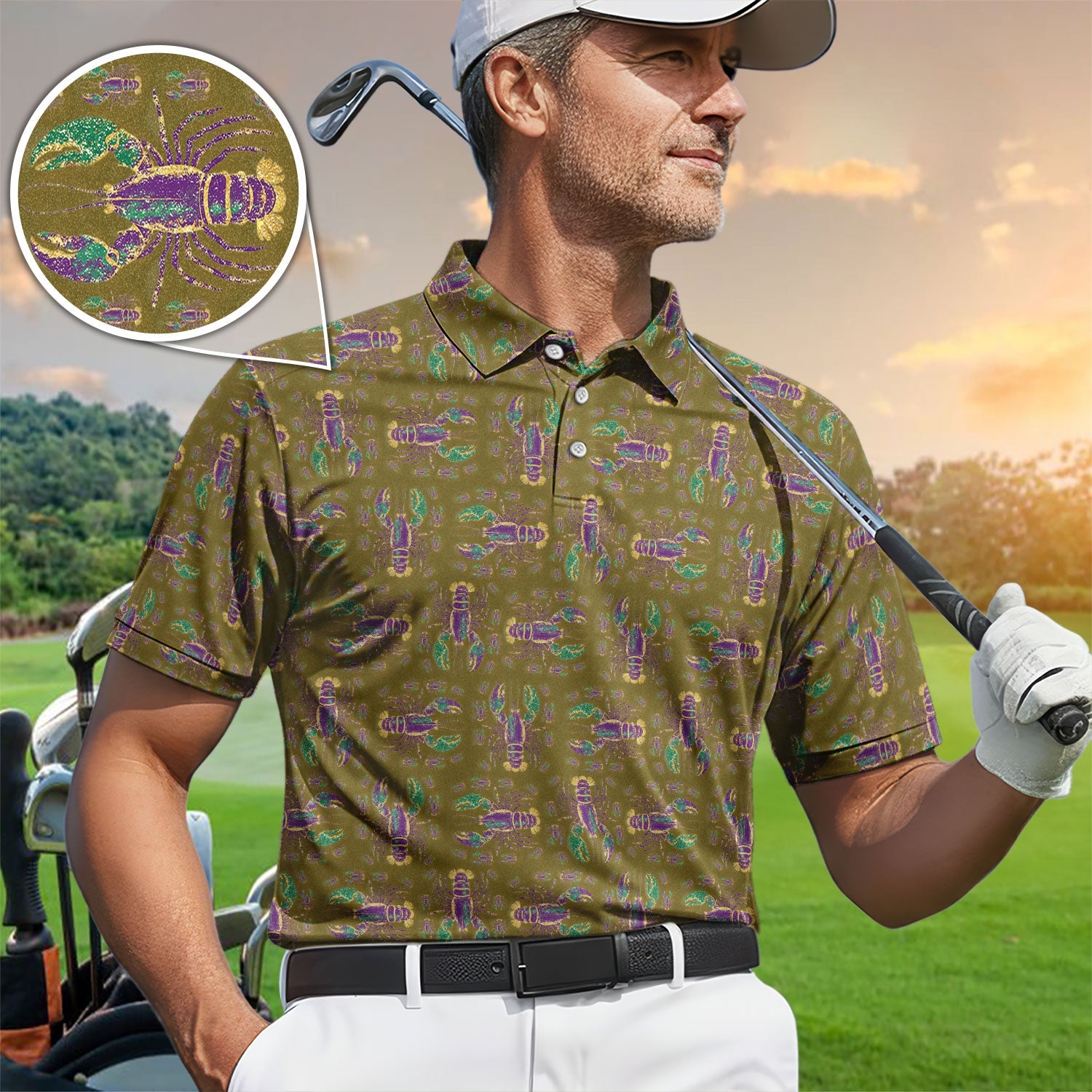 Louisiana Crawfish Pattern Golf Shirt, Mardi Gras Golf Polos For Golfer
