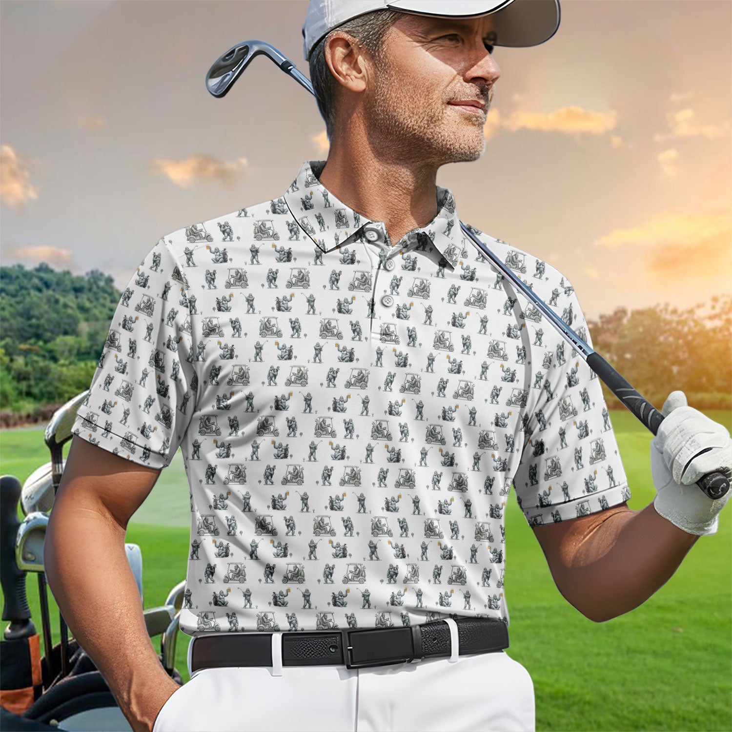 Funny Bigfoot Pattern Golf Shirt, Squatch Bigfoot Golf Polos, Crazy Golf Gift For Men
