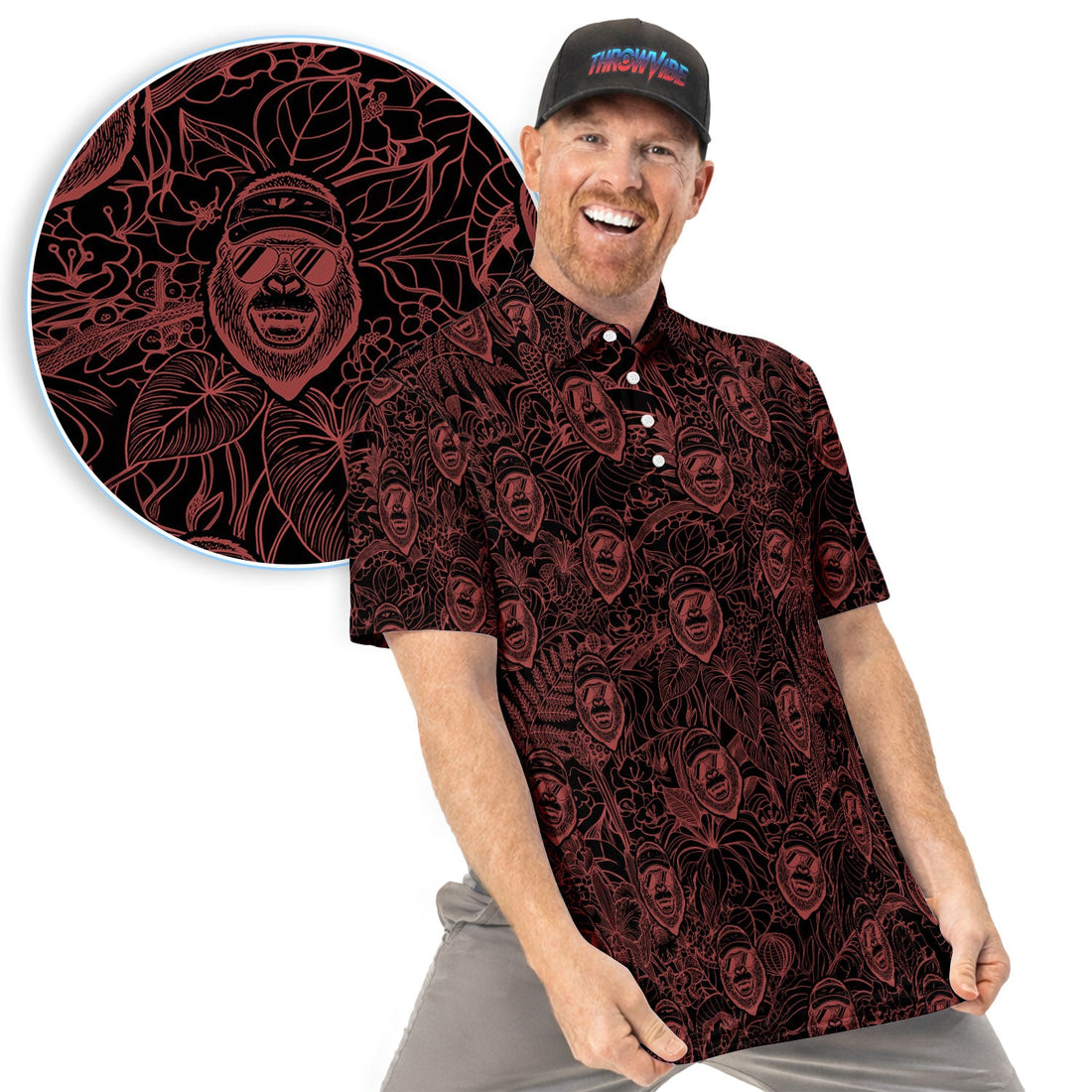 Bigfoot Red Neon Outline Polo Shirt For Men, Sasquatch Face All Over Print, Dark Cryptid Pattern Casual Golf Shirt