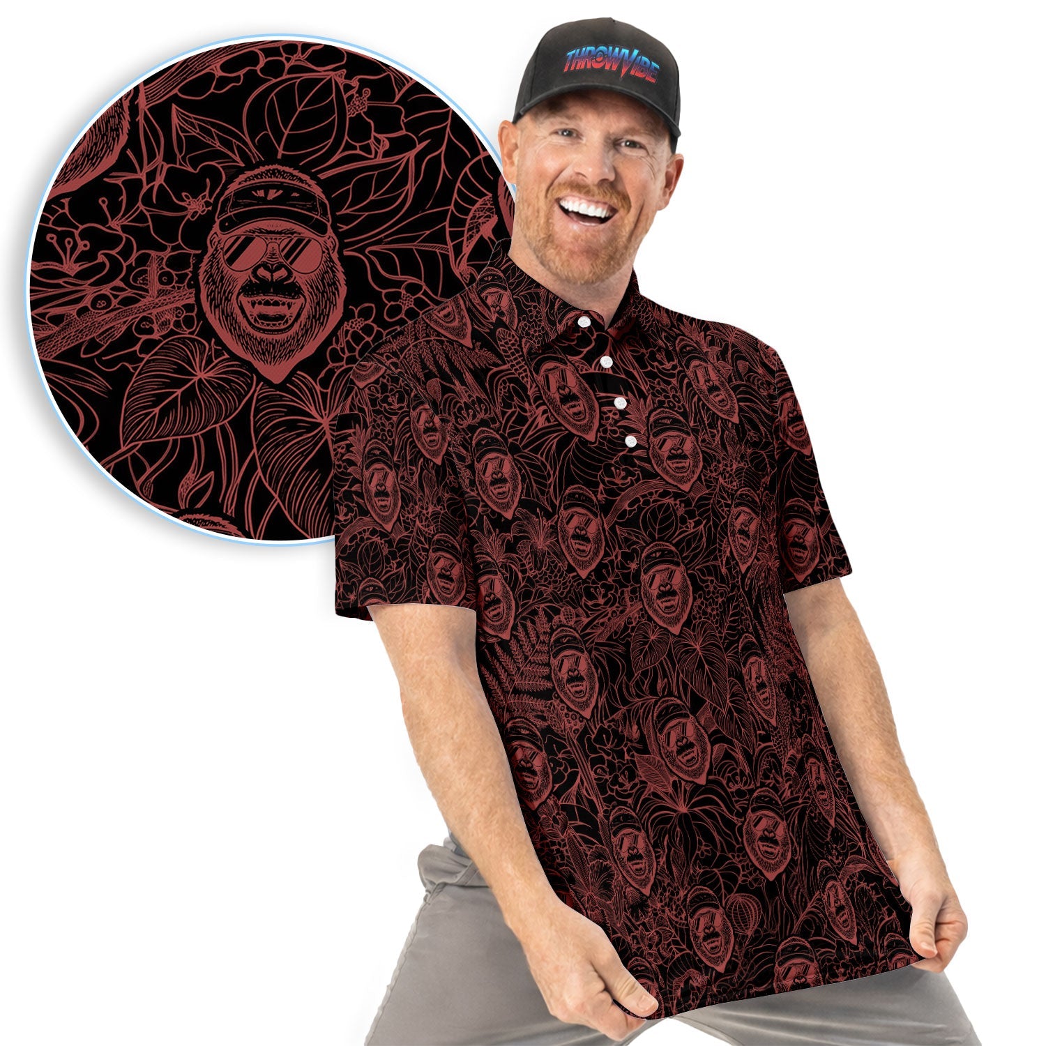 Bigfoot Red Neon Outline Polo Shirt For Men, Sasquatch Face All Over Print, Dark Cryptid Pattern Casual Golf Shirt