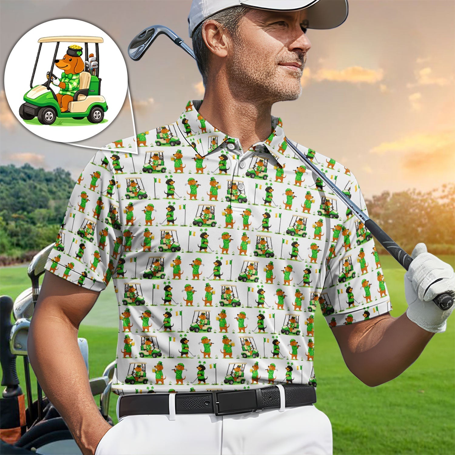 St. Patrick’s Day Dachshund Pattern Golf Polos, Funny Irish Wiener Dog Golf Shirt For Men, Golf Gift For Golfer
