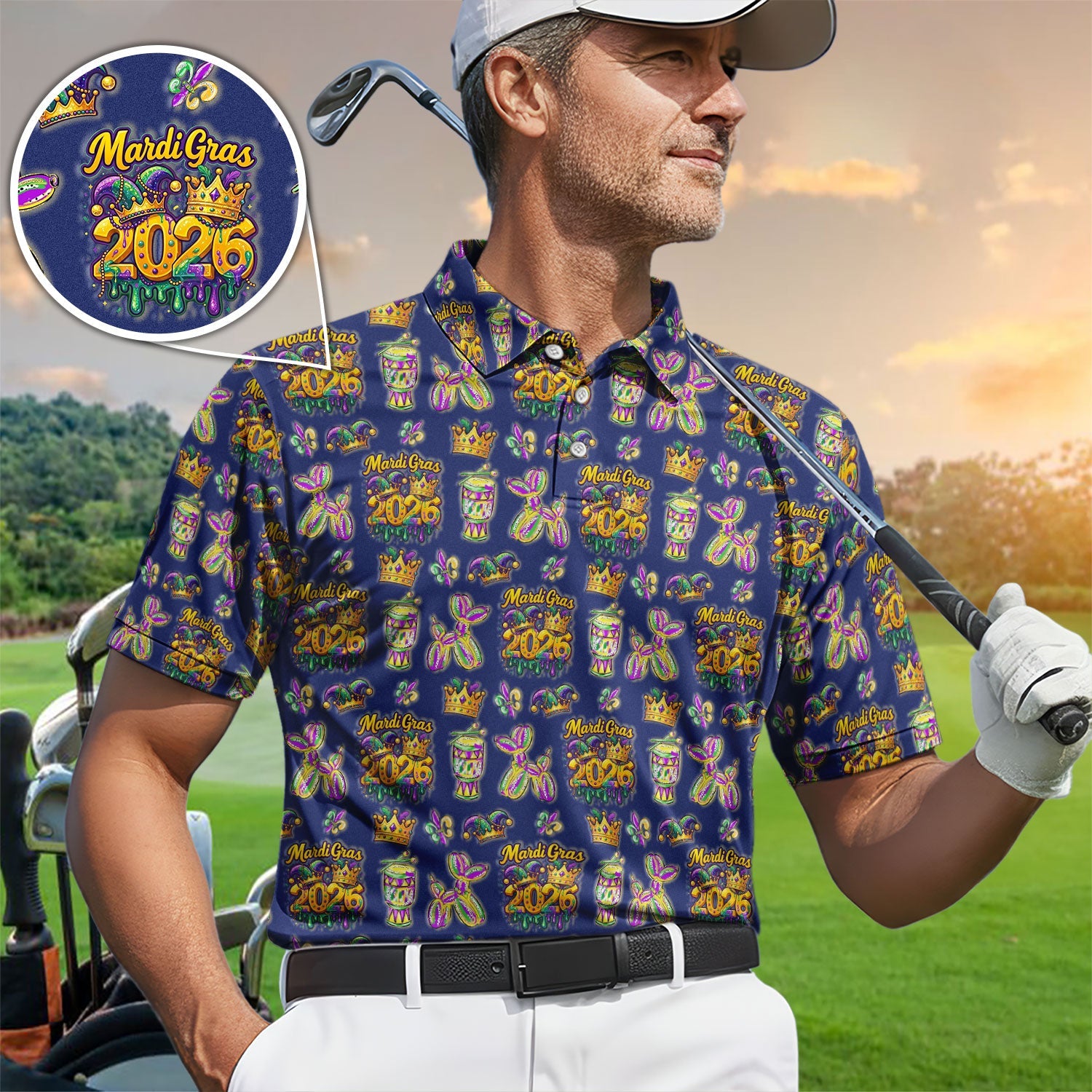 Mardi Gras 2026 Golf Polos For Golfer, Festive Crown Mask Pattern Golf Shirt, Golf Gift For Men