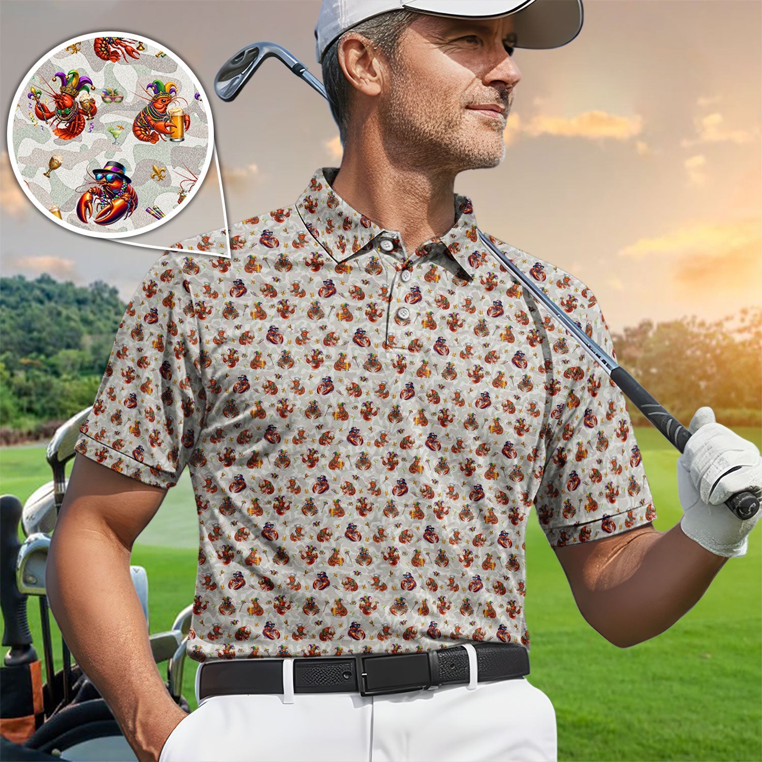 Funny Crawfish Mardi Gras Pattern Golf Shirt, Beer Crawdad Golf Polos For Golfer, Golf Gift For Men