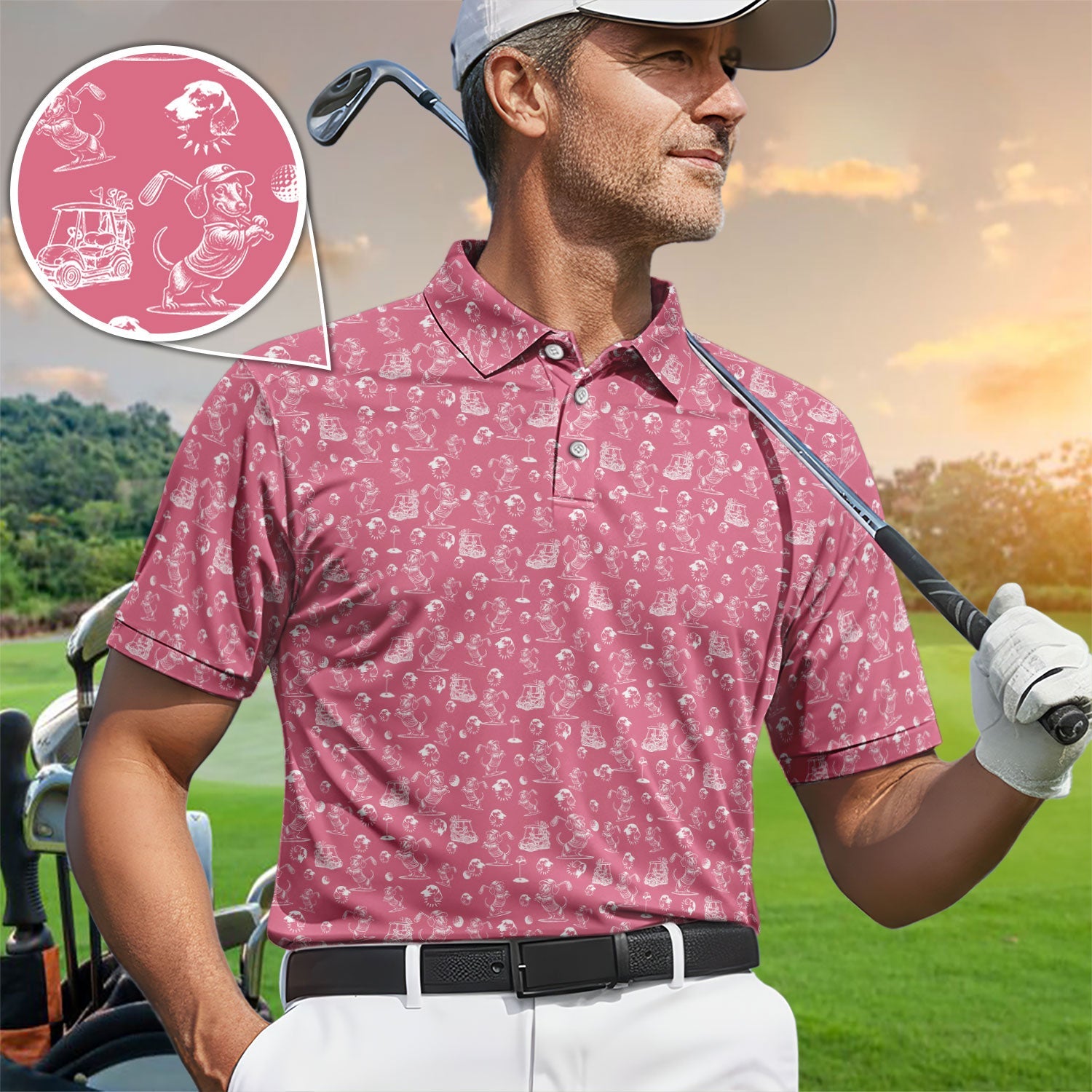 Funny Dachshund Pattern Golf Shirt For Men, Wiener Dog Golf Polos For Golfer, Dad Golf Gift