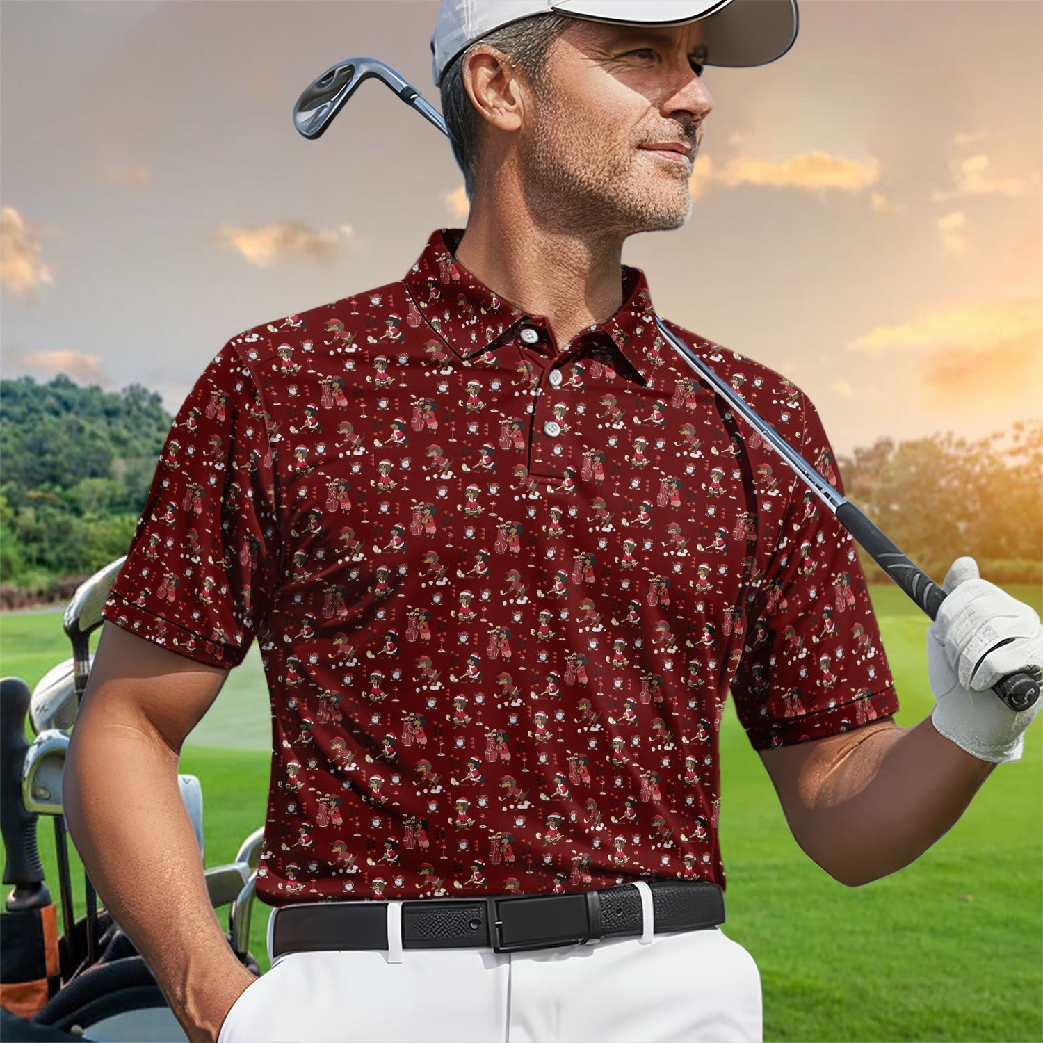 Funny Dachshund Christmas Golf Shirt, Cute Wiener Dog Pattern Polos, Festive Holiday Golf Shirt Gift For Men Golfers