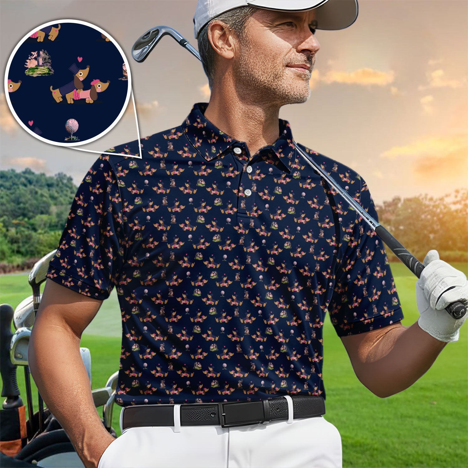 Dachshund Love Pattern Golf Shirt, Wiener Dog Golf Polos, Golf Gift For Golfer