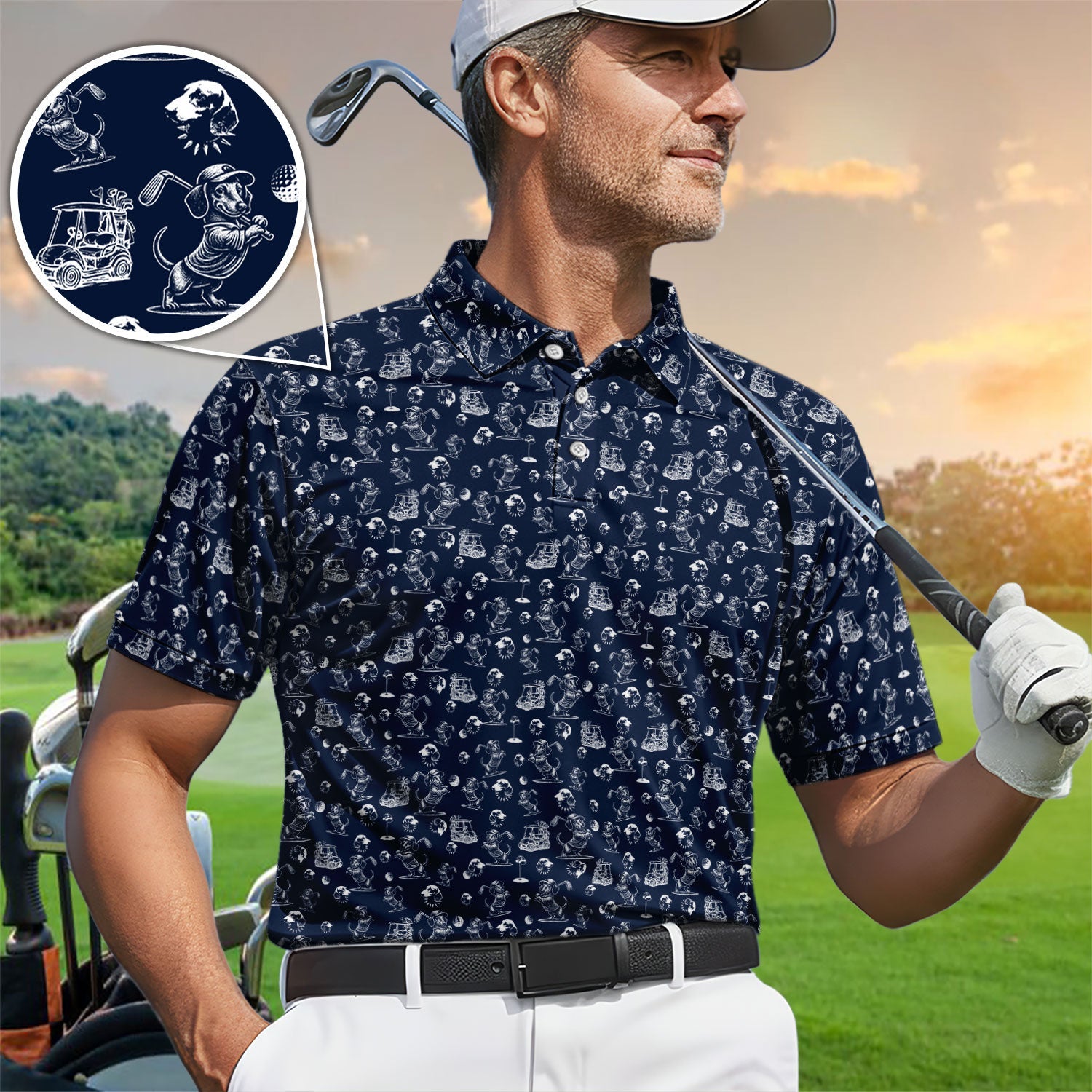 Funny Dachshund Pattern Golf Shirt For Men, Wiener Dog Golf Polos For Golfer, Dad Golf Gift