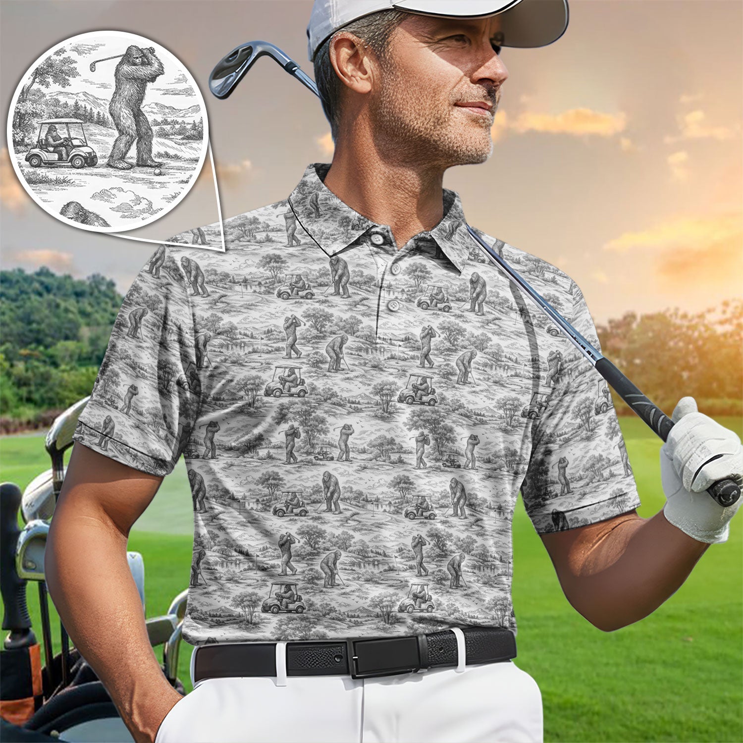 Crazy Bigfoot Pattern Golf Polos, Funny Sasquatch Golf Shirt For Men, Golf Gift For Golfer