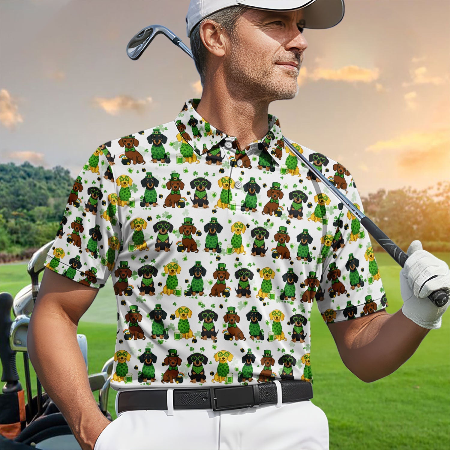 St. Patrick’s Day Dachshund Dog Pattern Golf Shirt, Funny Shamrock Dog Golf Polos For Men, Golf Gift For Golfer