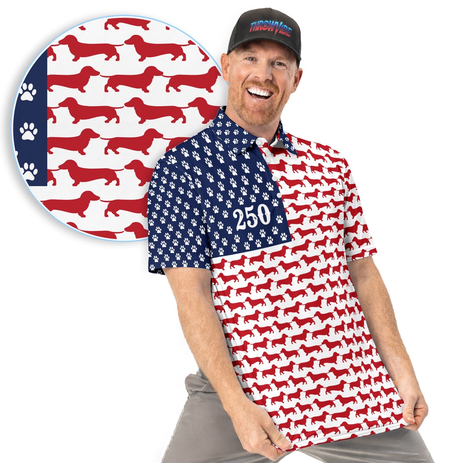 Dachshund USA Flag 250 Pattern Golf Polos, Crazy Dachshund Golf Shirt For Men, Funny Golf Shirt