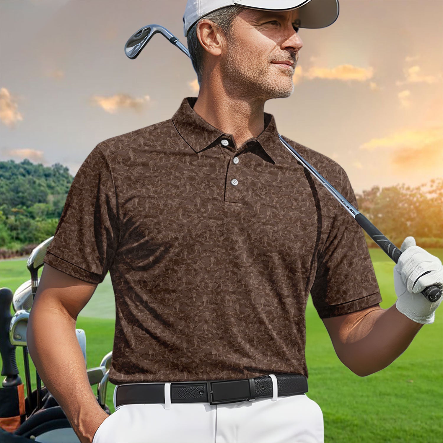 Funny Duck Pattern Golf Polos, Brown Camouflage Style Shirt For Men, Cool Outdoor Golf Shirt Gift For Golfers