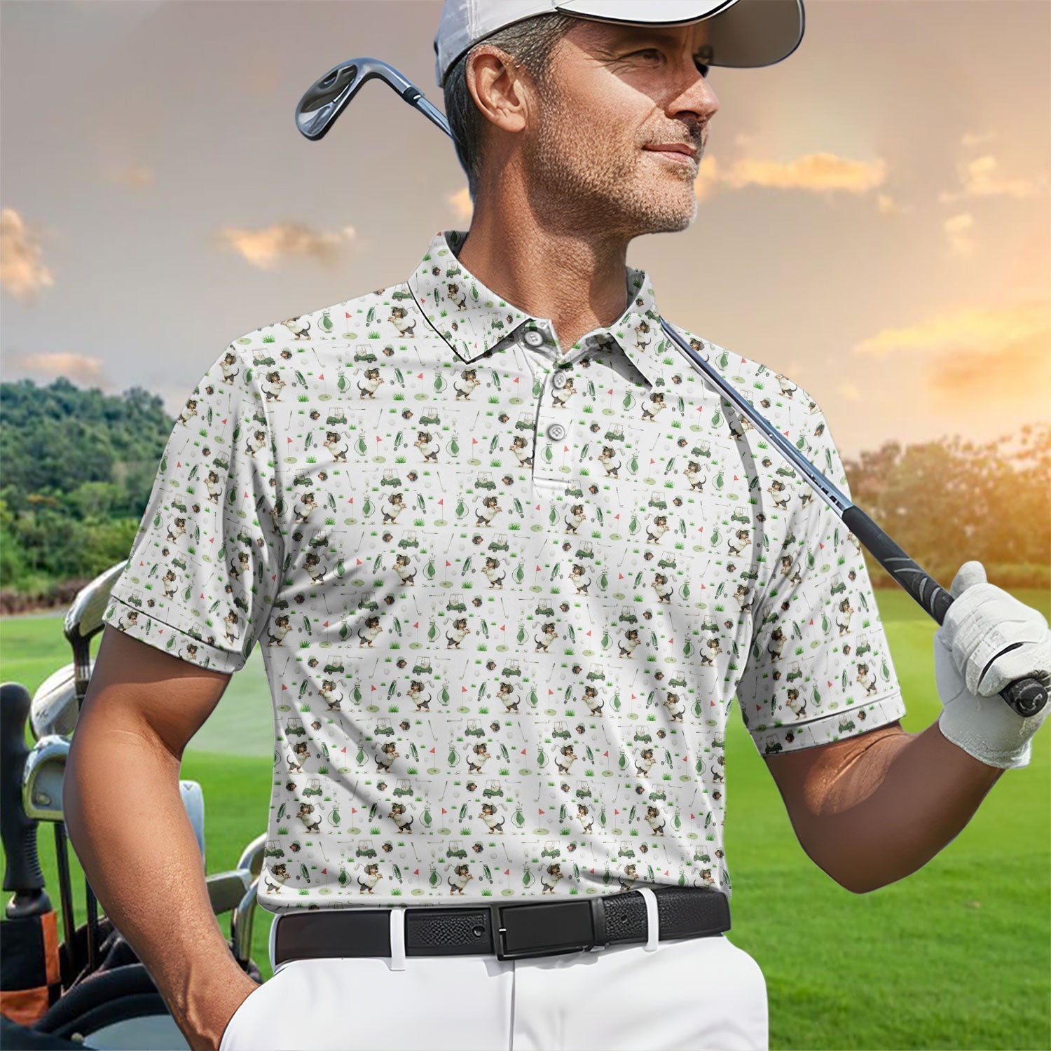 Funny Wiener Dog Golf Shirt, Dachshund Pattern Golf Polos, Crazy Golf Gift For Men