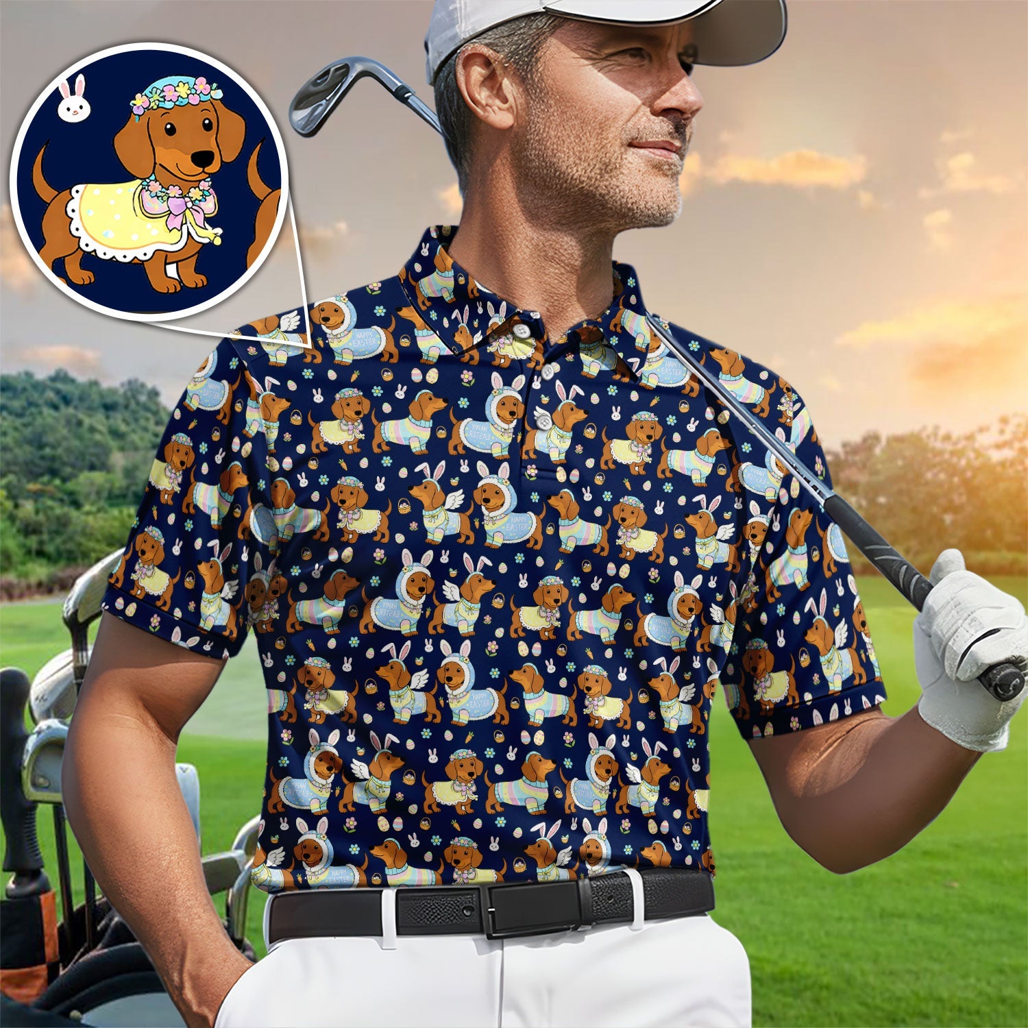 Dachshund Happy Easter Golf Polos, Easter Wiener Dog Pattern Golf Shirt, Golf Gift For Golfer