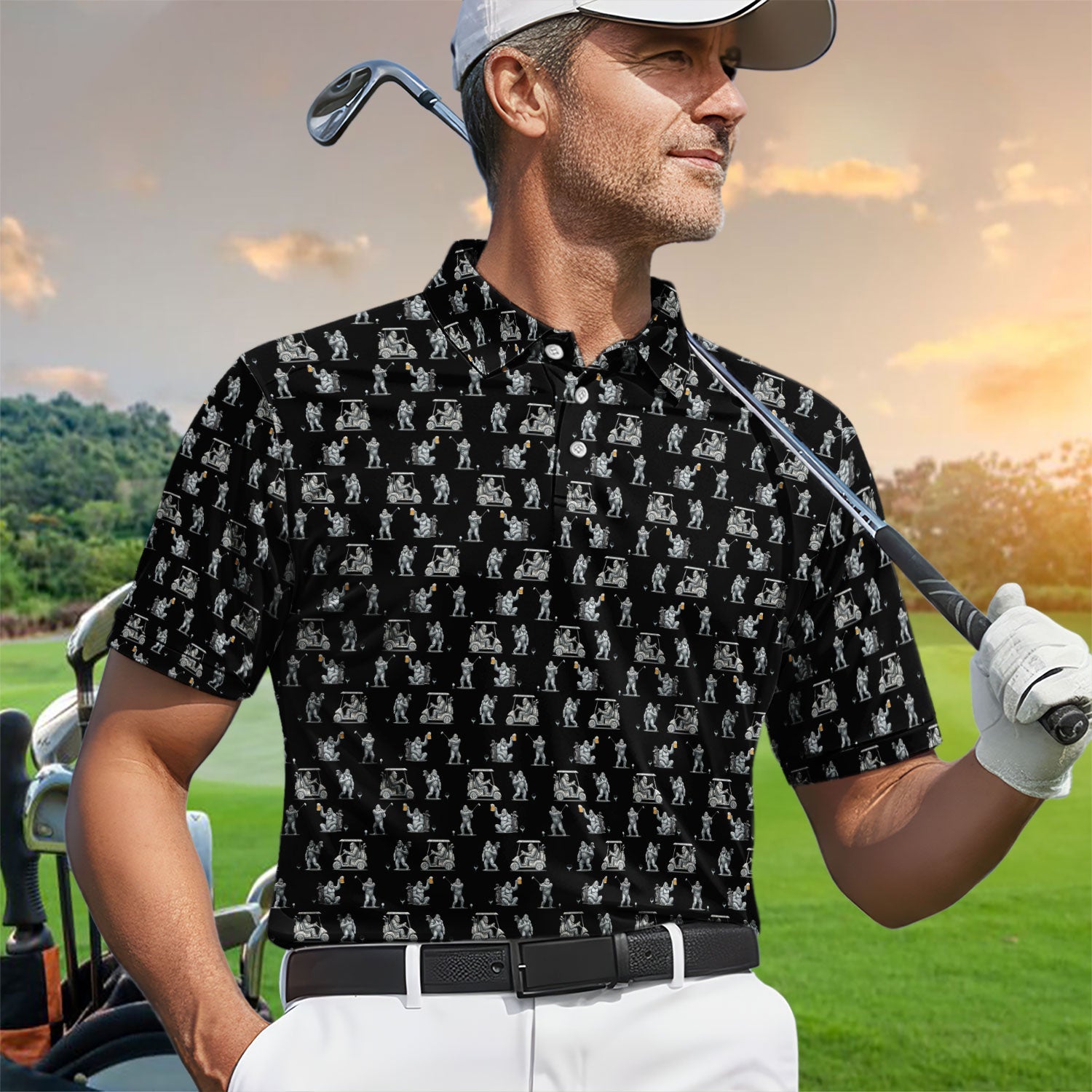 Funny Bigfoot Pattern Golf Shirt, Squatch Bigfoot Golf Polos, Crazy Golf Gift For Men