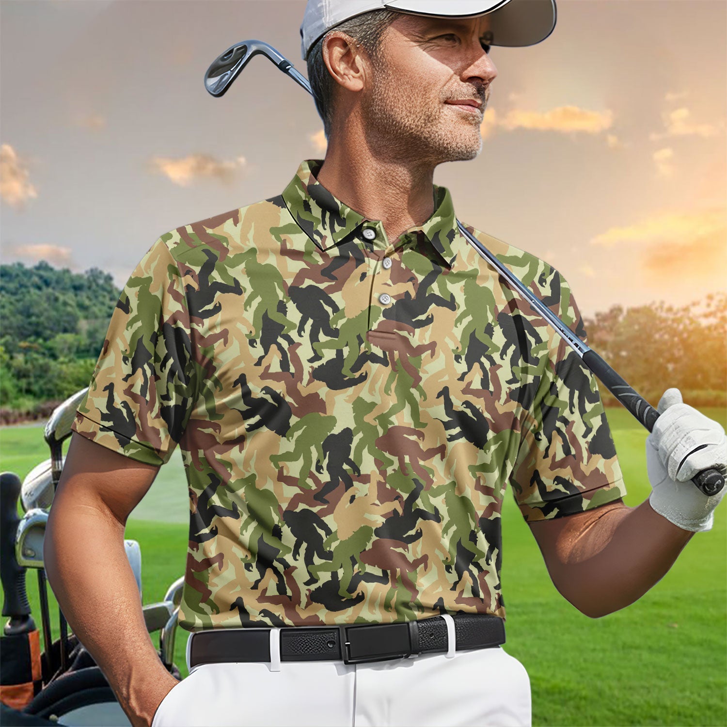 Bigfoot Camo Pattern Golf Polos, Crazy Sasquatch Golf Shirt, Funny Golf Gift For Golfer