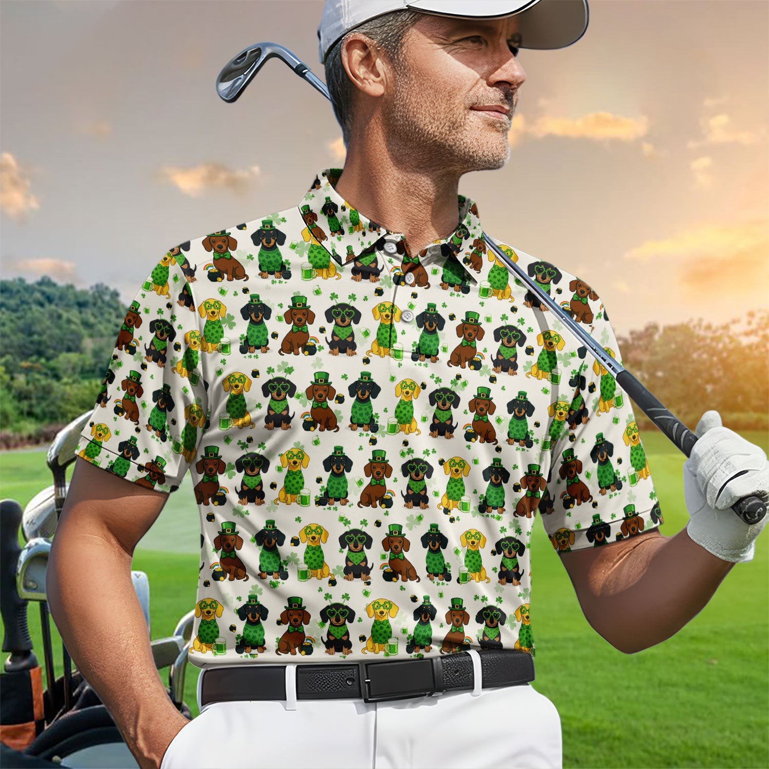 St. Patrick’s Day Dachshund Dog Pattern Golf Shirt, Funny Shamrock Dog Golf Polos For Men, Golf Gift For Golfer